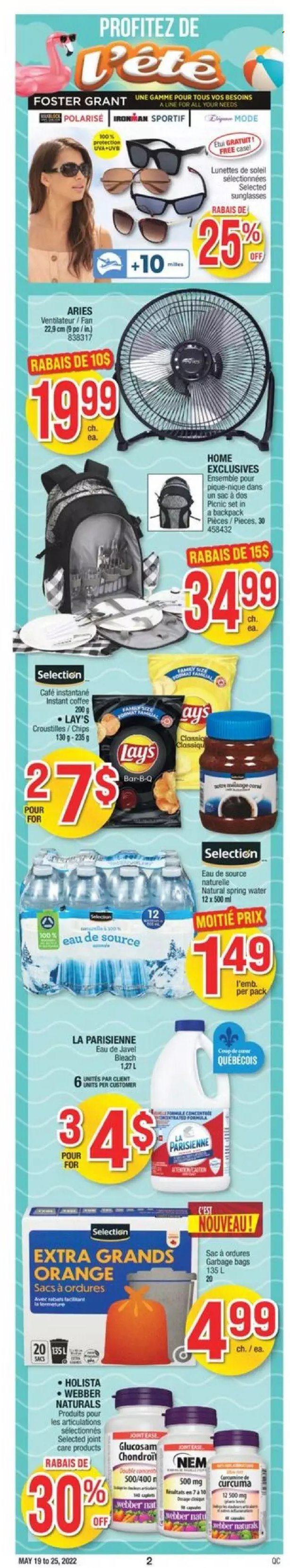 thumbnail - Jean Coutu Flyer - May 19, 2022 - May 25, 2022 - Sales products - chips, Lay’s, spring water, instant coffee, bleach, bag, sunglasses. Page 9.