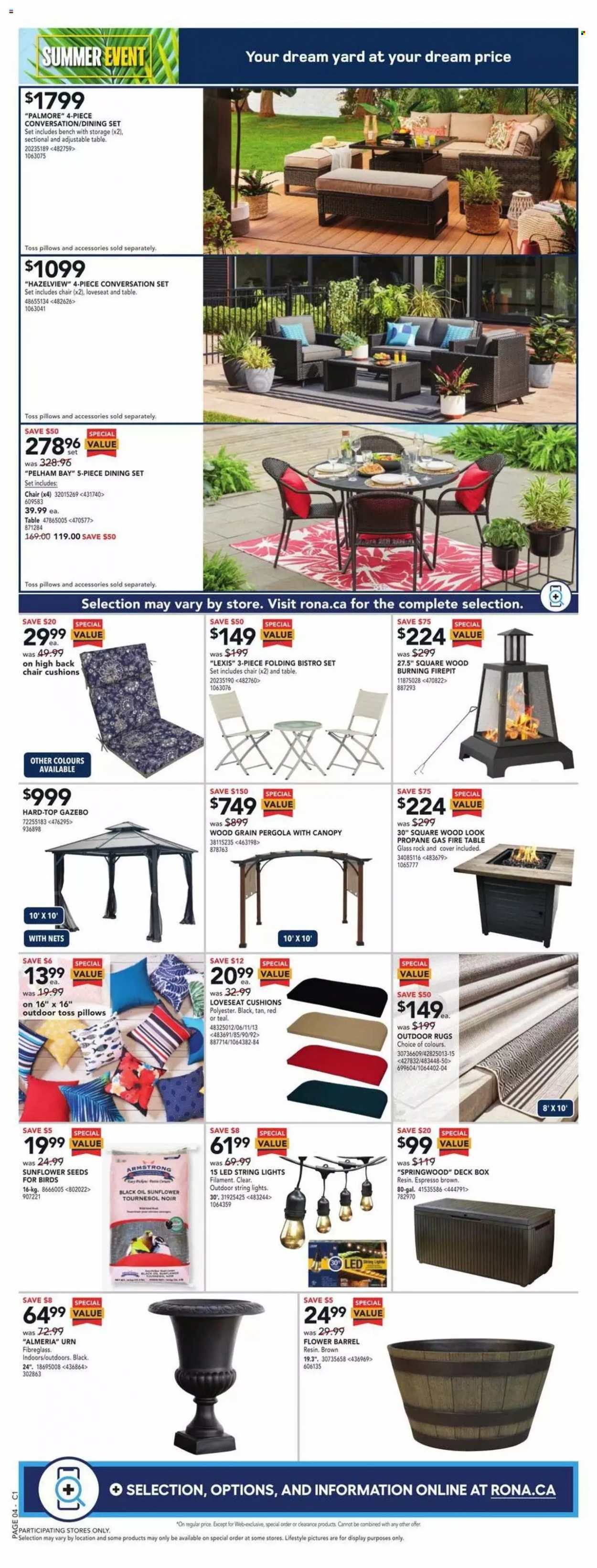 thumbnail - RONA Flyer - May 19, 2022 - May 25, 2022 - Sales products - chair pad, cushion, pillow, dining set, table, chair, bench, loveseat, string lights, rug, gazebo, pergola. Page 7.
