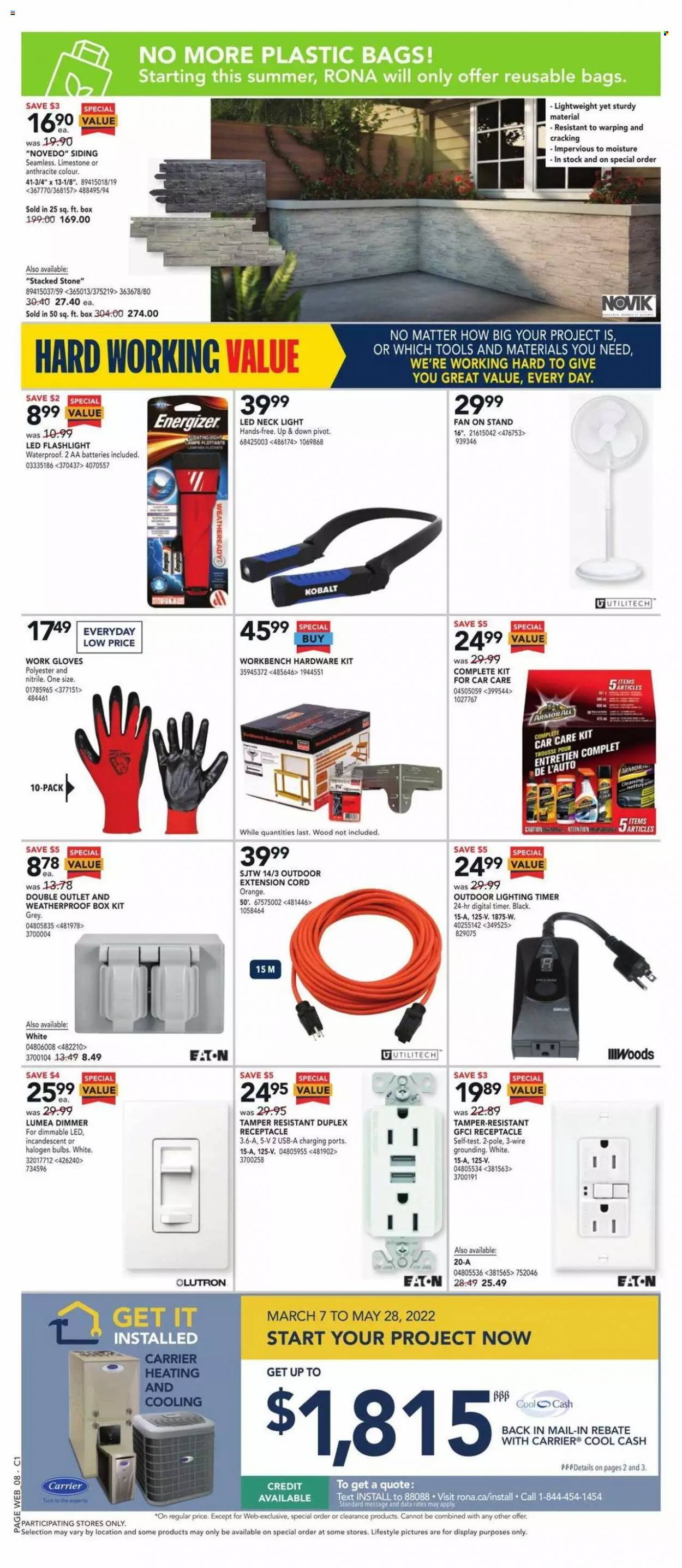 thumbnail - RONA Flyer - May 19, 2022 - May 25, 2022 - Sales products - gloves, bag, bulb, aa batteries, work bench, lighting, siding, work gloves, extension cord, Energizer. Page 13.
