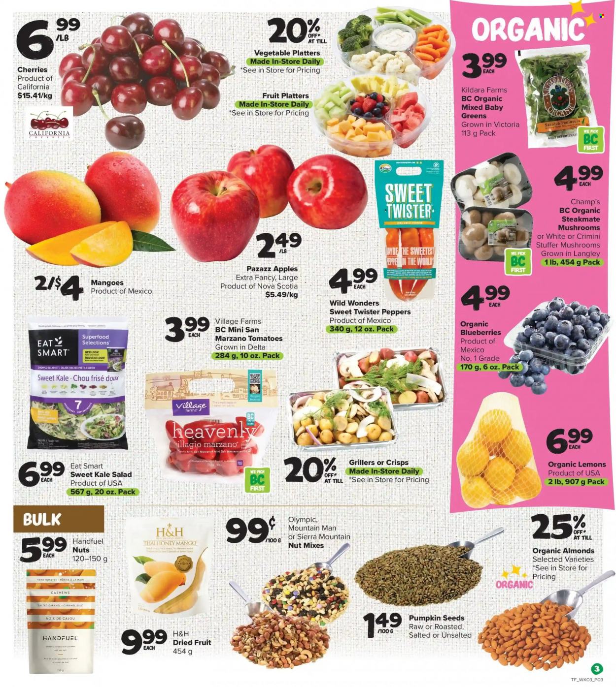 thumbnail - Thrifty Foods Flyer - May 19, 2022 - May 25, 2022 - Sales products - mushrooms, tomatoes, kale, salad, peppers, chopped salad, mango, cherries, crisps, almonds, cashews, dried fruit, pumpkin seeds, Twister, plant seeds. Page 3.