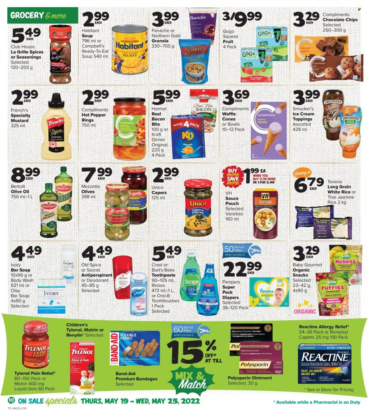 thumbnail - Thrifty Foods Flyer - May 19, 2022 - May 25, 2022 - Sales products - Campbell's, soup, sauce, Kraft®, Bertolli, Hormel, bacon, yoghurt, milk, ice cream, snack, capers, jasmine rice, white rice, spice, caramel, mustard, extra virgin olive oil, olive oil, oil, syrup, nappies, ointment, body wash, soap bar, soap, toothpaste, Crest, Olay, anti-perspirant, pain relief, Tylenol, probiotics, Benylin, allergy relief, Motrin, band-aid, granola, Pampers, Old Spice, olives, Oral-B, steak, deodorant. Page 10.