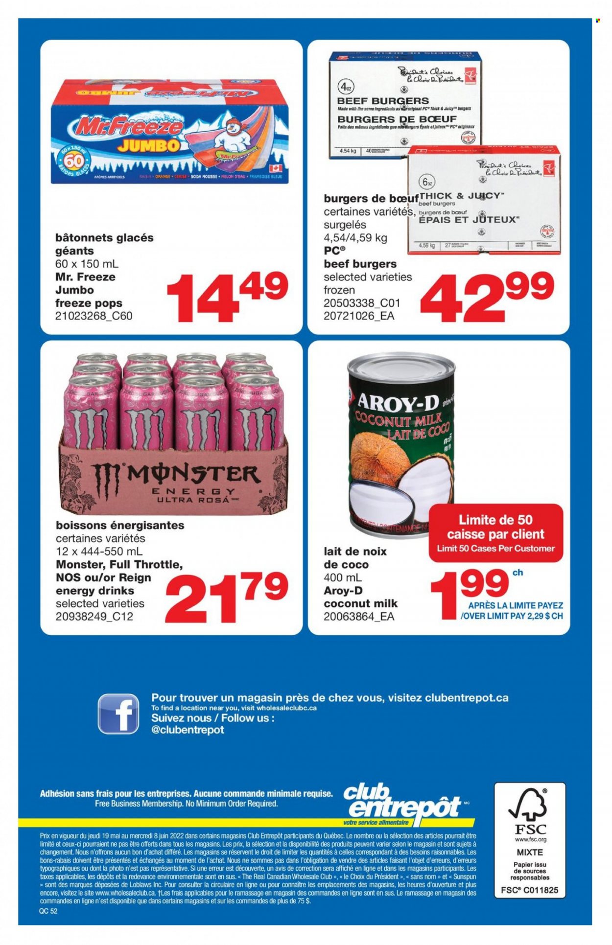 thumbnail - Wholesale Club Flyer - May 19, 2022 - June 08, 2022 - Sales products - hamburger, beef burger, Président, coconut milk, energy drink, Monster, soda, oranges. Page 52.