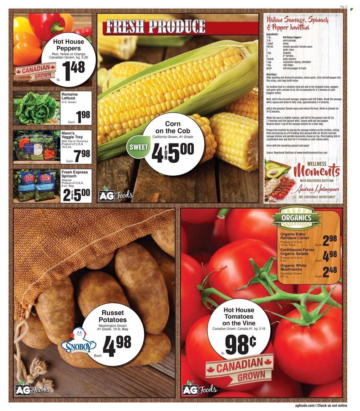 thumbnail - AG Foods Flyer - May 15, 2022 - May 21, 2022 - Sales products - tortillas, corn, garlic, russet potatoes, tomatoes, potatoes, onion, sausage, pork sausage, hummus, cheese, tomato sauce, pepper, cloves, Moments, oranges. Page 3.