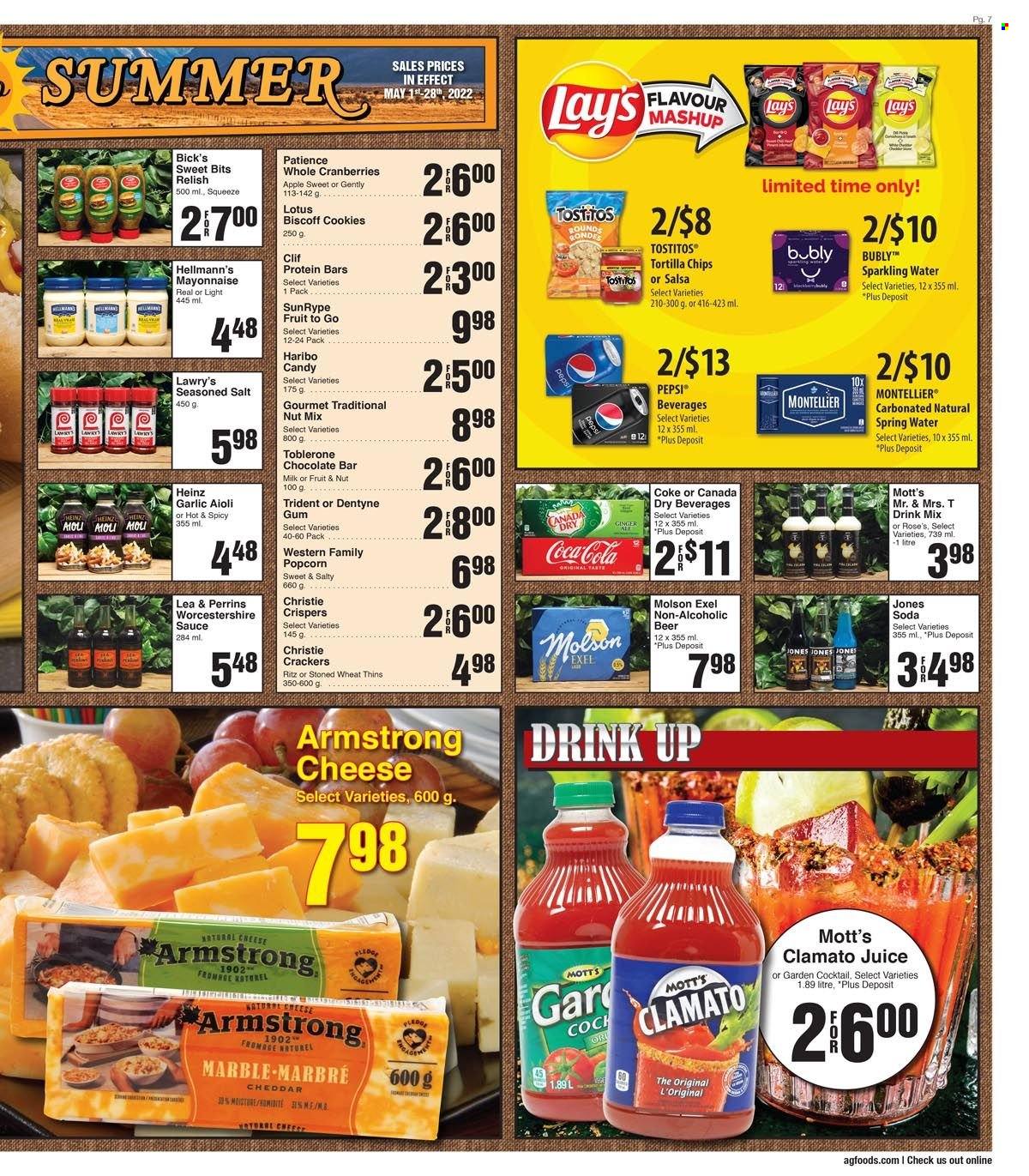 thumbnail - AG Foods Flyer - May 15, 2022 - May 21, 2022 - Sales products - garlic, ginger, Mott's, sauce, cheese, milk, mayonnaise, Hellmann’s, cookies, Haribo, crackers, Toblerone, Trident, RITZ, chocolate bar, tortilla chips, chips, Lay’s, Thins, popcorn, Tostitos, salt, cranberries, protein bar, worcestershire sauce, salsa, Canada Dry, Coca-Cola, Pepsi, juice, Clamato, spring water, soda, sparkling water, rosé wine, beer, Cif, Lotus, Heinz. Page 7.