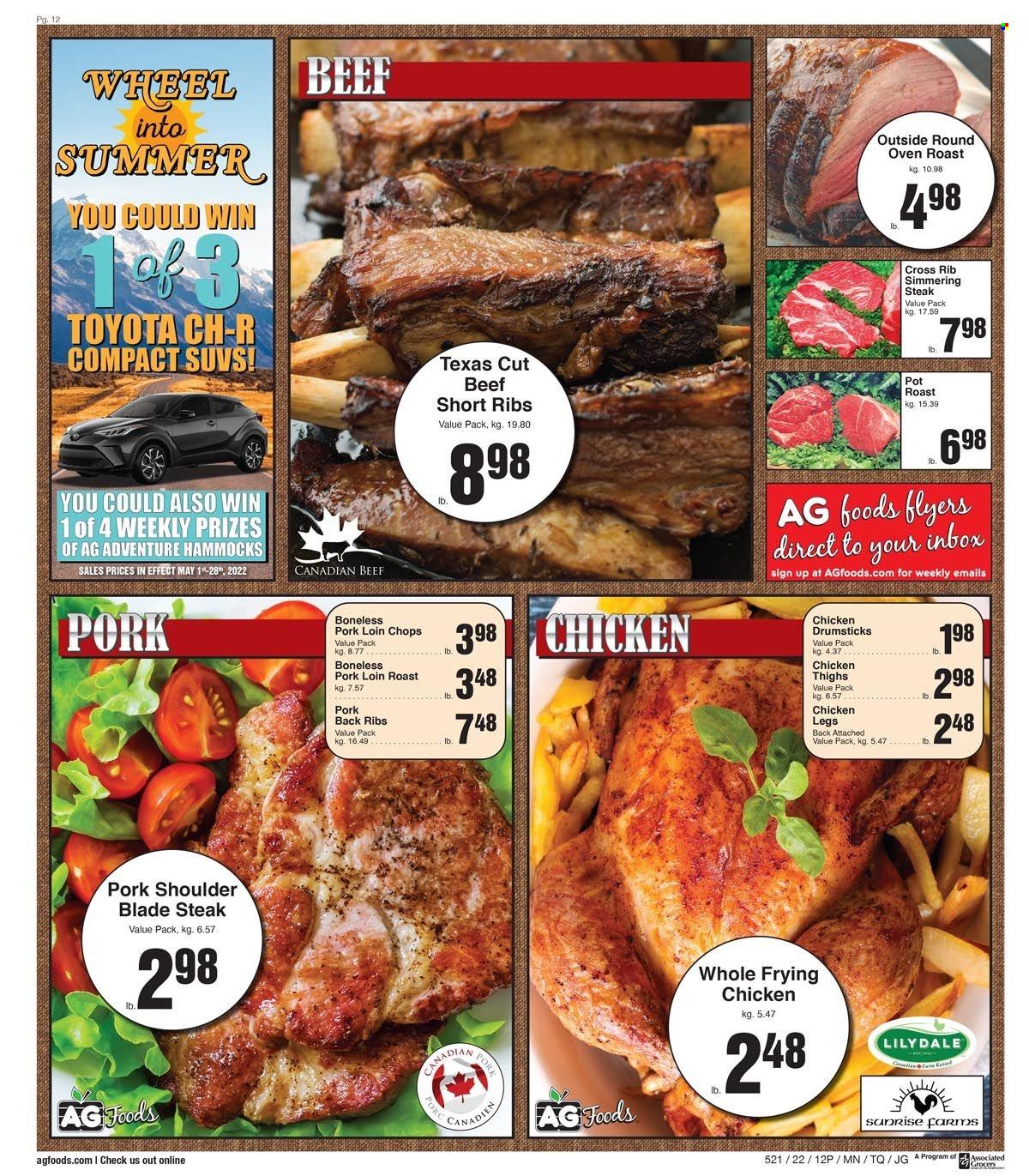 thumbnail - AG Foods Flyer - May 15, 2022 - May 21, 2022 - Sales products - chicken legs, chicken thighs, chicken drumsticks, chicken, beef ribs, pork chops, pork loin, pork meat, pork ribs, pork shoulder, pork back ribs, steak. Page 12.