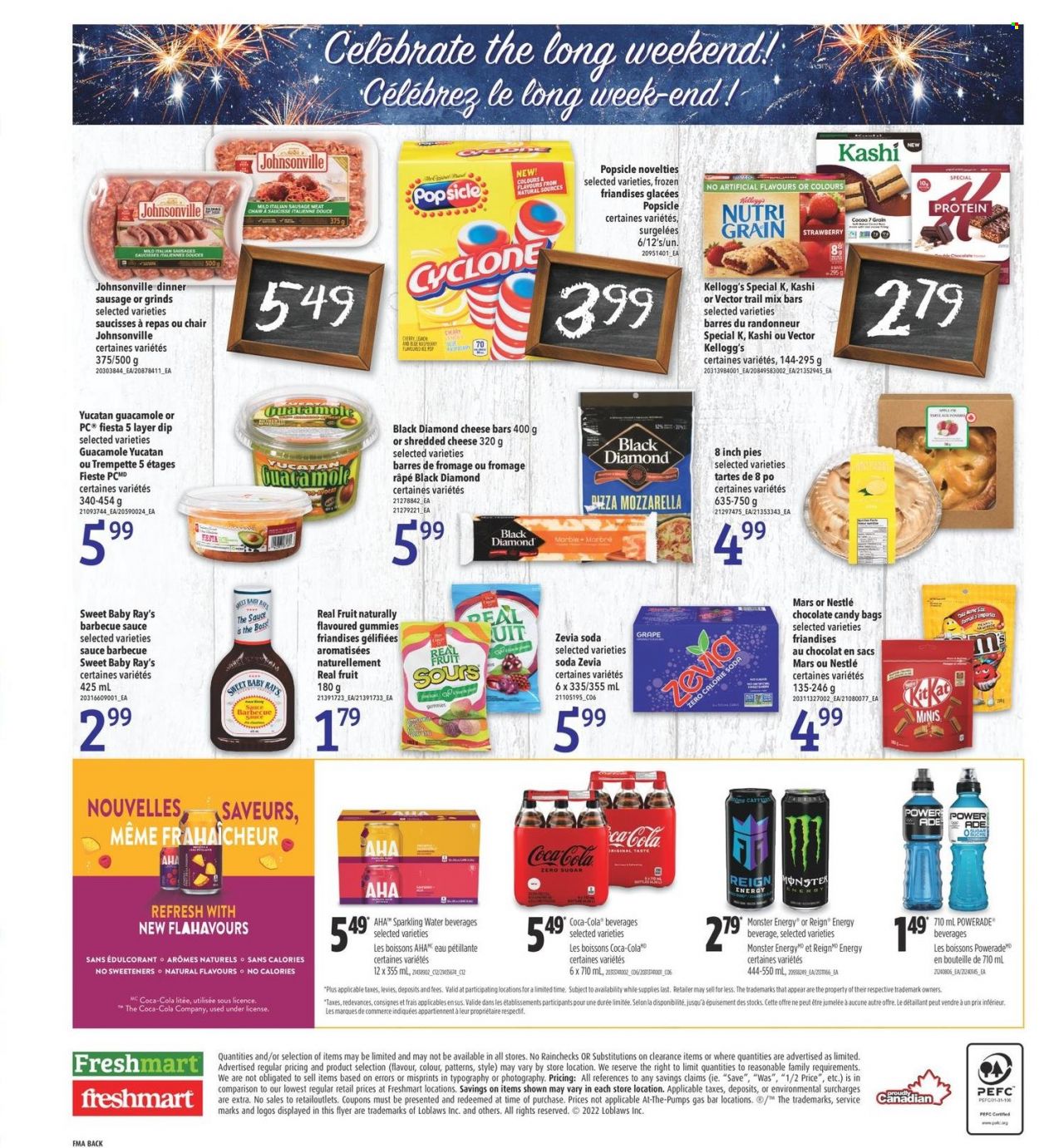 thumbnail - Freshmart Flyer - May 19, 2022 - May 25, 2022 - Sales products - Johnsonville, sausage, italian sausage, guacamole, shredded cheese, dip, Mars, Kellogg's, chocolate candies, cocoa, Nutri-Grain, BBQ sauce, trail mix, Coca-Cola, Powerade, Monster, Monster Energy, soda, sparkling water, sausage meat, mozzarella, Nestlé. Page 14.