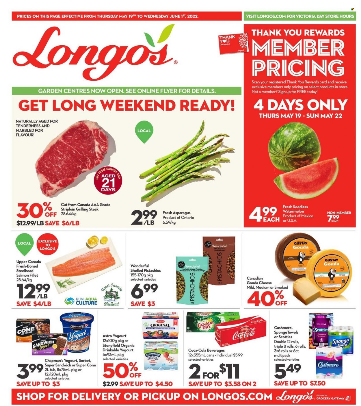 thumbnail - Longo's Flyer - May 19, 2022 - June 01, 2022 - Sales products - dessert, asparagus, watermelon, fish fillets, salmon, salmon fillet, sandwich, gouda, cheese, sorbet, pistachios, Canada Dry, Coca-Cola, ginger ale, soft drink, carbonated soft drink, steak, sponge. Page 1.