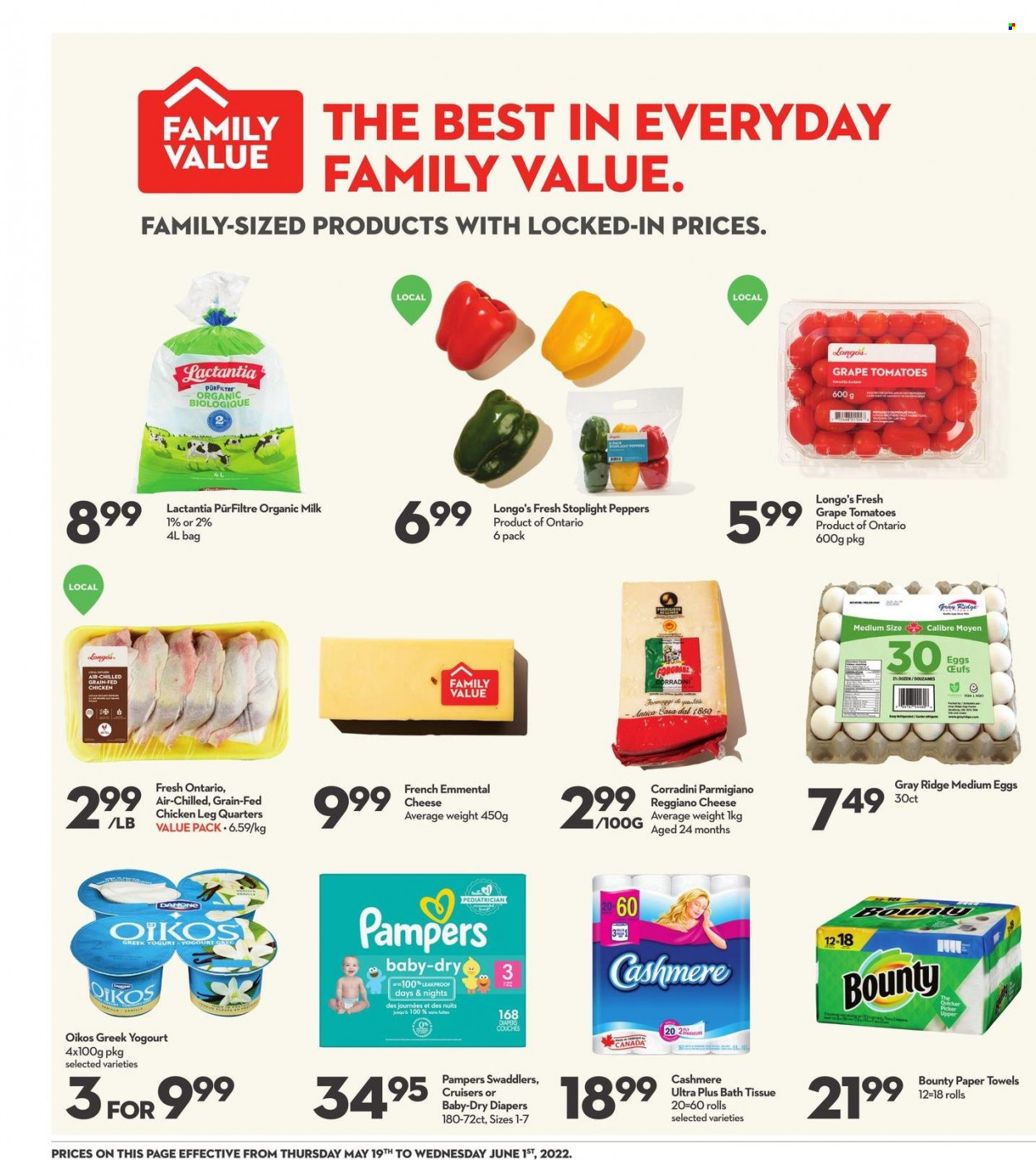 thumbnail - Longo's Flyer - May 19, 2022 - June 01, 2022 - Sales products - tomatoes, peppers, cheese, Parmigiano Reggiano, greek yoghurt, yoghurt, Oikos, organic milk, eggs, Bounty, chicken legs, nappies, bath tissue, kitchen towels, paper towels, Pampers. Page 2.