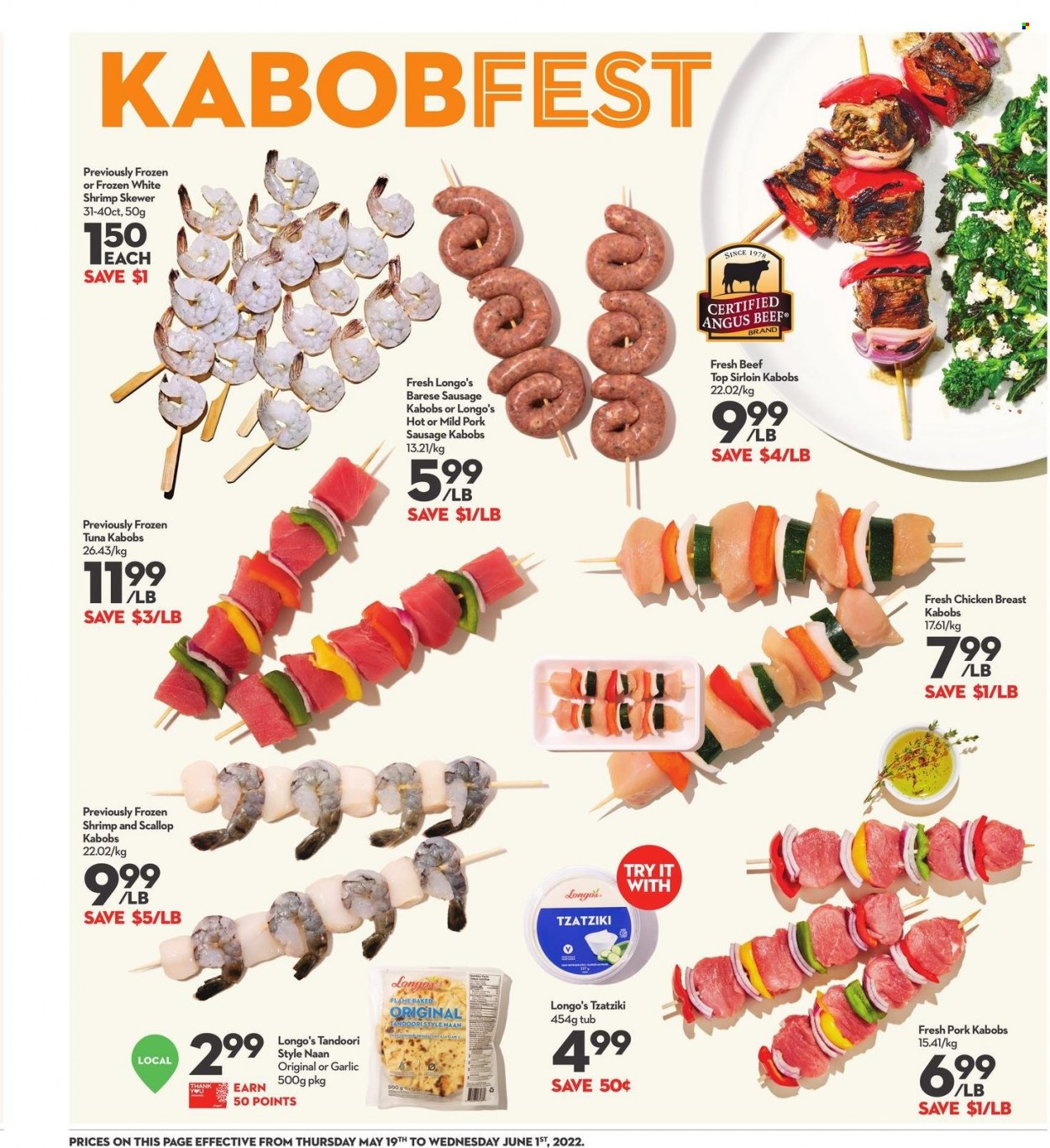 thumbnail - Longo's Flyer - May 19, 2022 - June 01, 2022 - Sales products - garlic, scallops, tuna, shrimps, sausage, pork sausage, tzatziki, chicken breasts, chicken, beef meat. Page 3.
