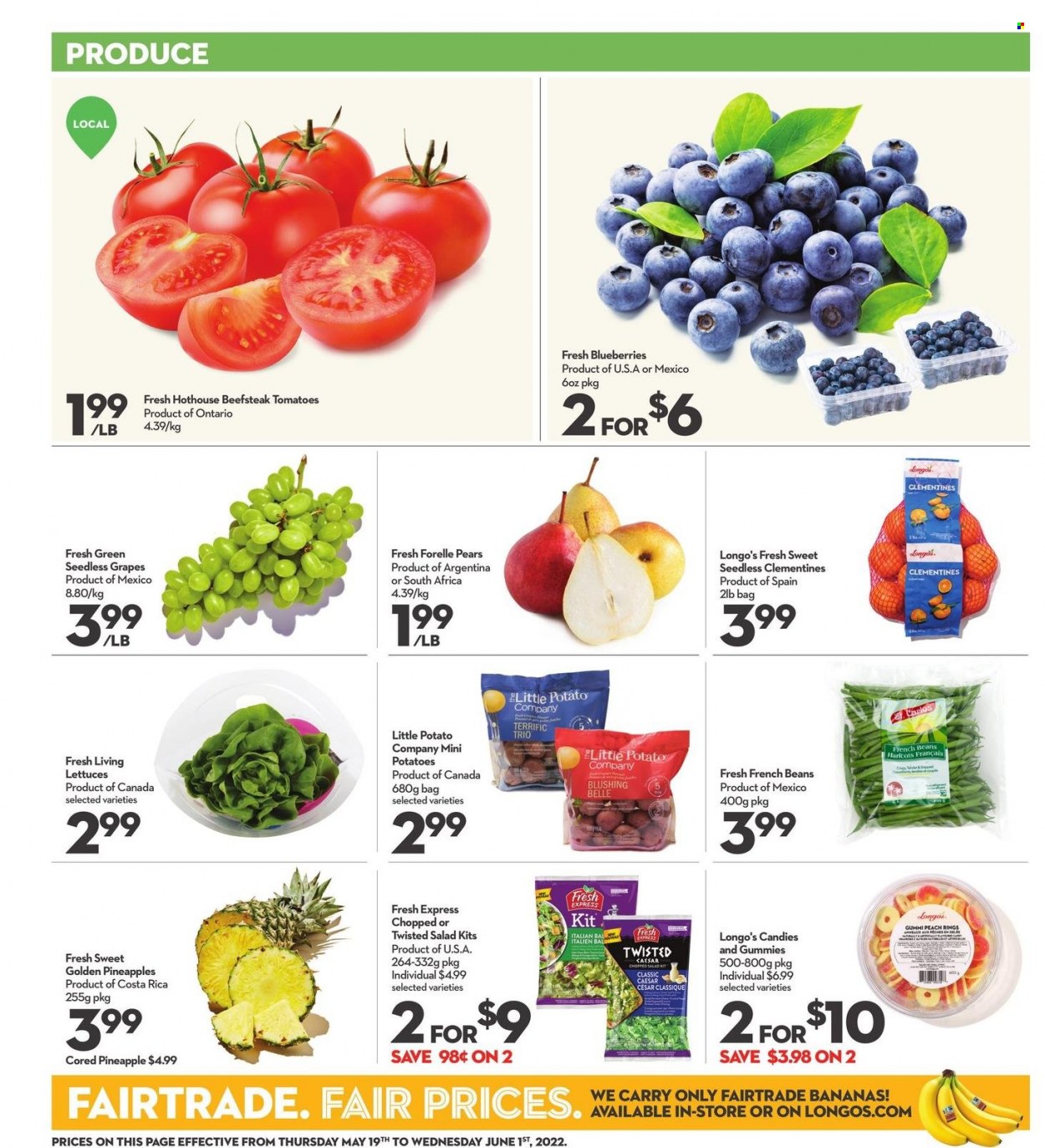 thumbnail - Longo's Flyer - May 19, 2022 - June 01, 2022 - Sales products - beans, french beans, tomatoes, potatoes, salad, chopped salad, bananas, blueberries, clementines, grapes, seedless grapes, pineapple, pears. Page 5.