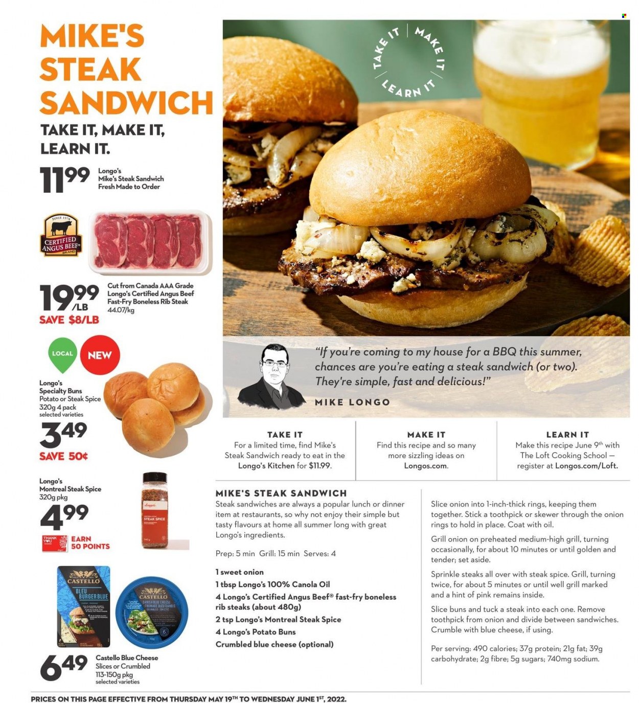 thumbnail - Longo's Flyer - May 19, 2022 - June 01, 2022 - Sales products - buns, onion rings, sandwich, hamburger, blue cheese, cheese, spice, canola oil, beef meat, steak. Page 6.