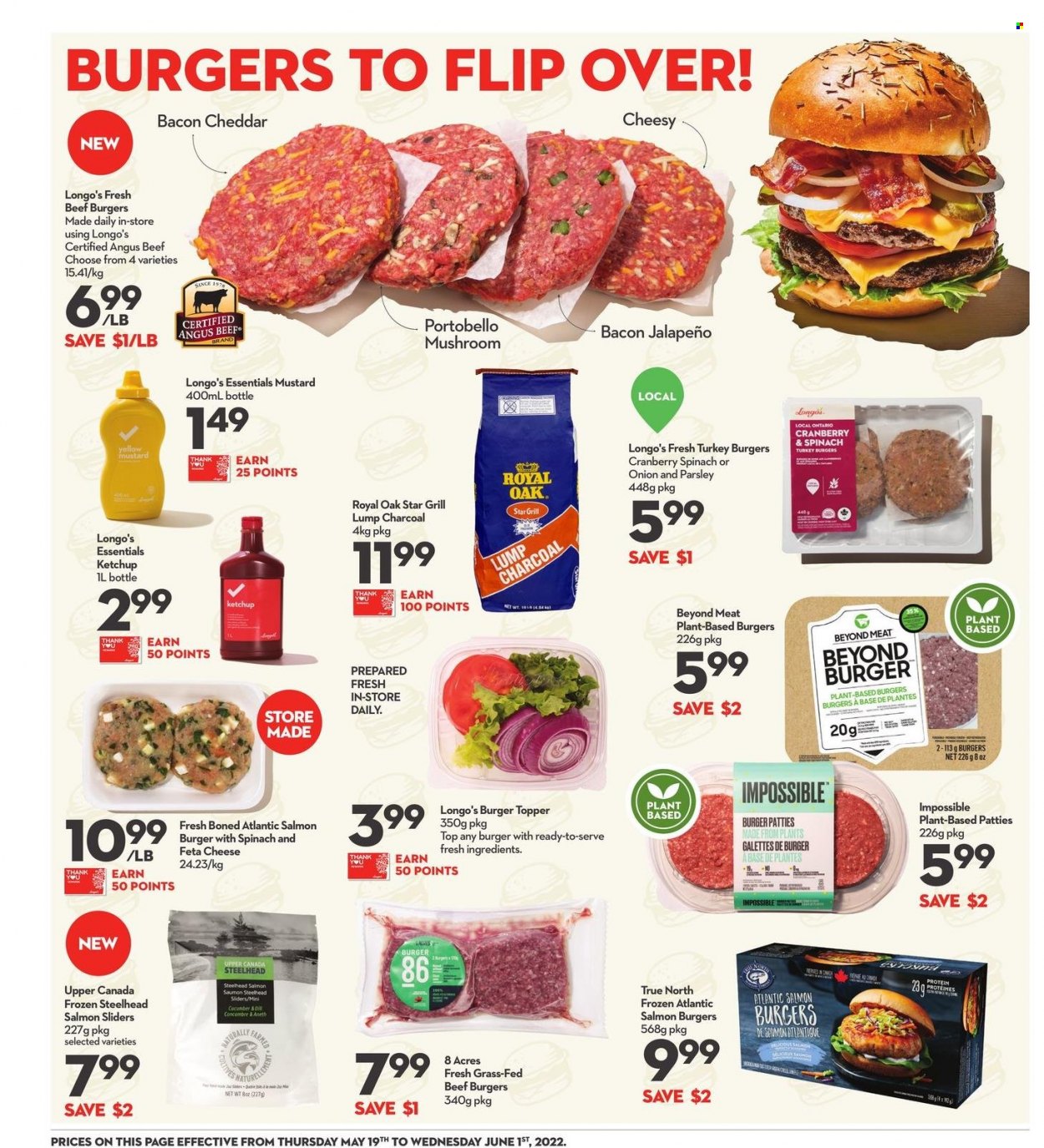 thumbnail - Longo's Flyer - May 19, 2022 - June 01, 2022 - Sales products - portobello mushrooms, parsley, onion, jalapeño, salmon, hamburger, beef burger, bacon, cheddar, cheese, feta, mustard, beef meat, burger patties, turkey burger, ketchup. Page 7.