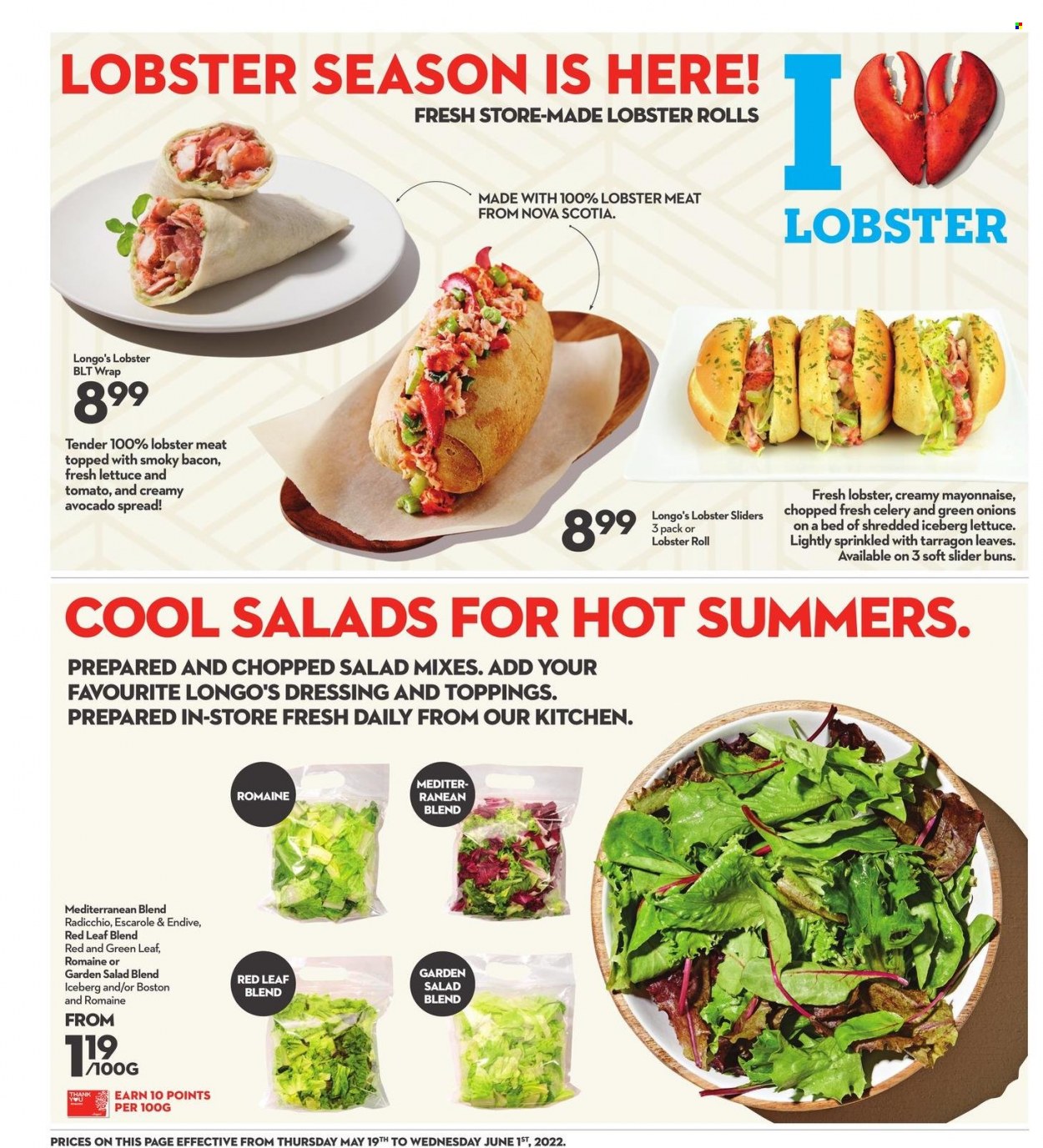 thumbnail - Longo's Flyer - May 19, 2022 - June 01, 2022 - Sales products - buns, salad, chopped salad, avocado, lobster, bacon, dressing, endive, radicchio. Page 11.