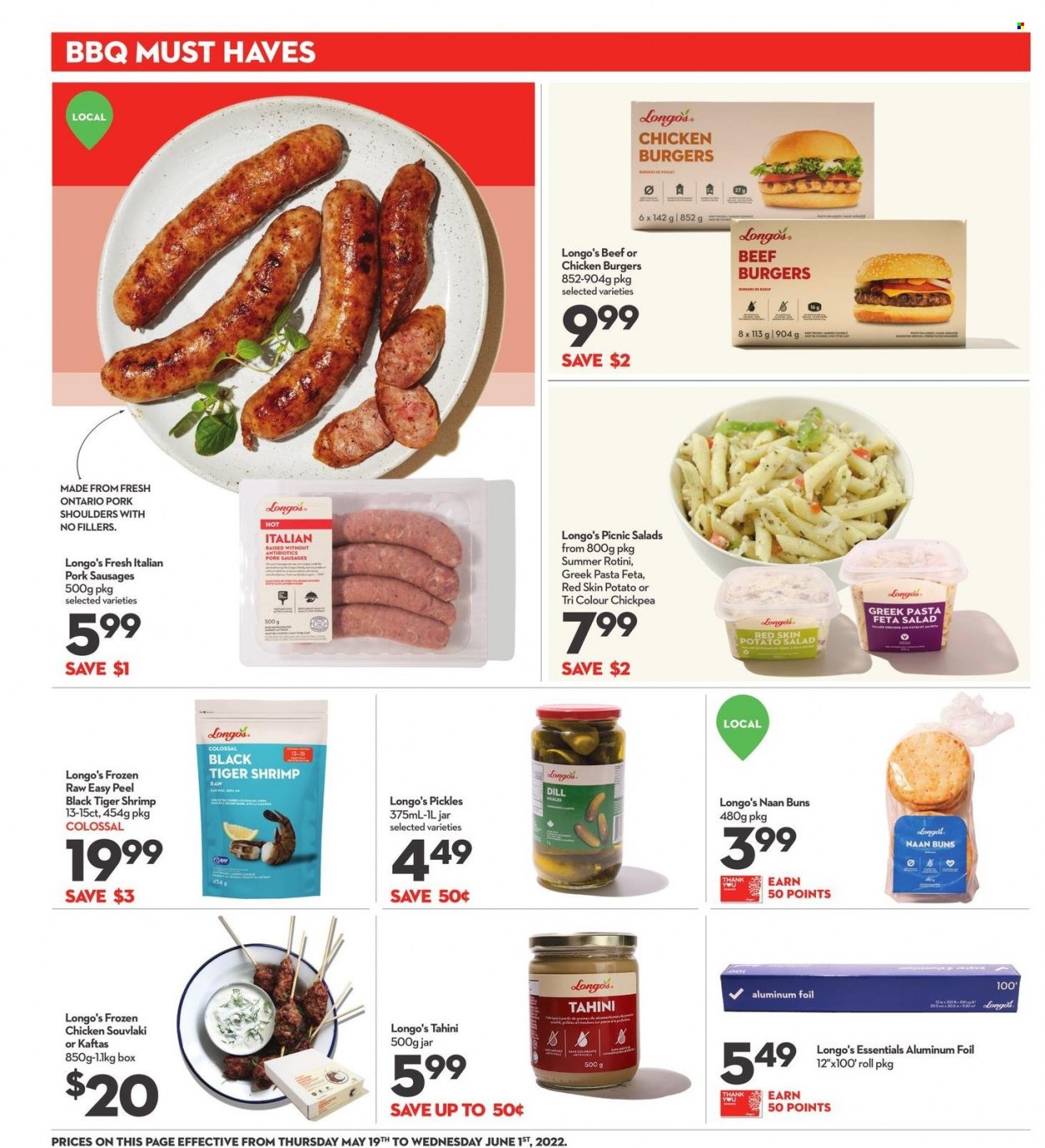 thumbnail - Longo's Flyer - May 19, 2022 - June 01, 2022 - Sales products - buns, salad, shrimps, hamburger, pasta, beef burger, sausage, feta, pickles, dill, tahini, chicken. Page 12.