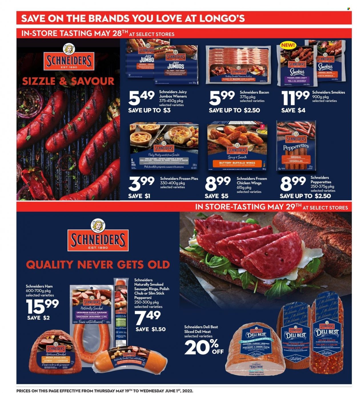 thumbnail - Longo's Flyer - May 19, 2022 - June 01, 2022 - Sales products - garlic, bacon, ham, sausage, smoked sausage, pepperoni, cheddar, cheese, chicken wings, salsa, honey, turkey breast, chicken, turkey, polish. Page 18.