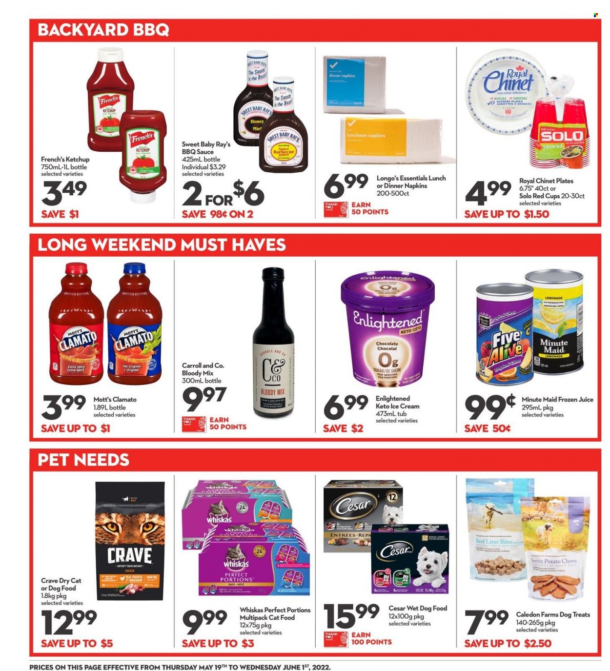 thumbnail - Longo's Flyer - May 19, 2022 - June 01, 2022 - Sales products - sweet potato, Mott's, lunch meat, ice cream, Enlightened lce Cream, chewing gum, sugar, BBQ sauce, honey, lemonade, juice, Clamato, fruit punch, beef liver, beef meat, napkins, ketchup, Whiskas. Page 19.