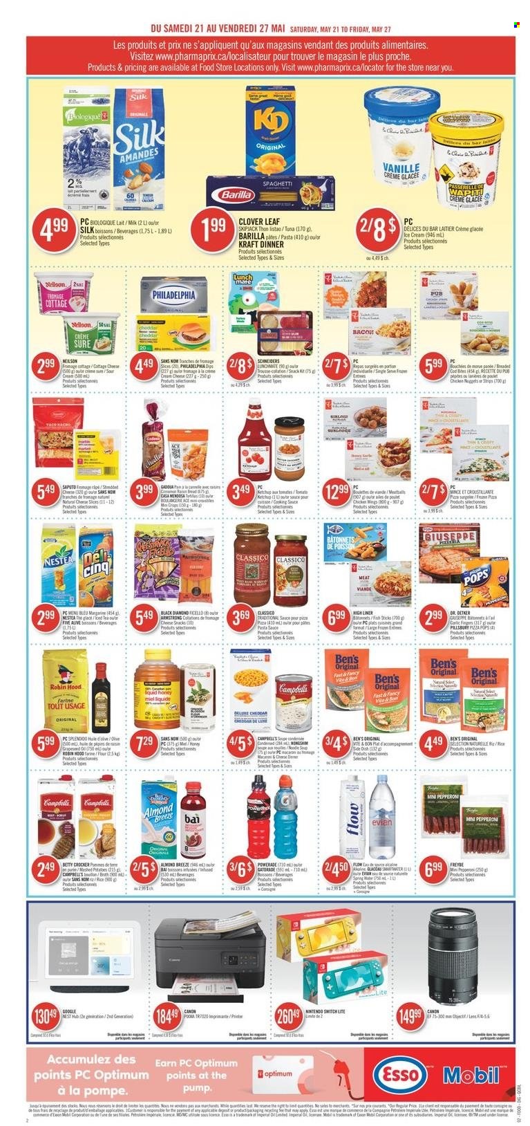 thumbnail - Pharmaprix Flyer - May 21, 2022 - May 27, 2022 - Sales products - Nintendo Switch, cod, tuna, Campbell's, spaghetti, pasta sauce, sauce, Kraft®, cottage cheese, cheddar, cheese, Clover, Silk, Almond Breeze, margarine, ice cream, snack, rice, Classico, Powerade, Bai, Sure, pot, Canon, ketchup, Philadelphia, Barilla. Page 5.