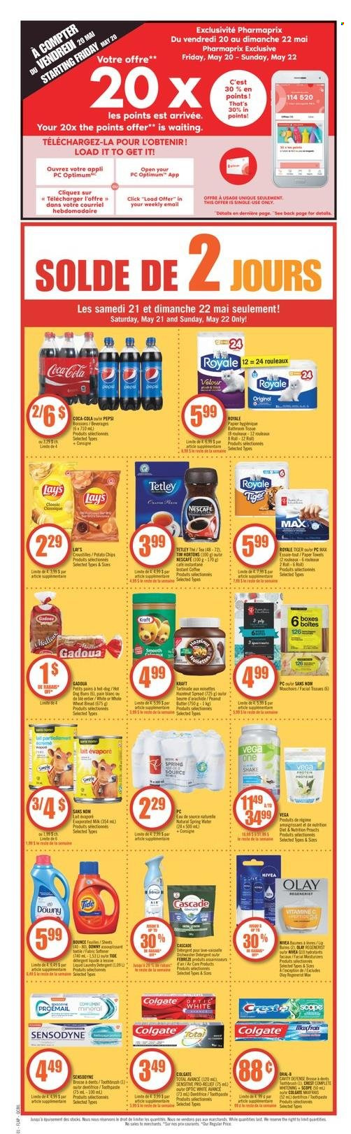 thumbnail - Pharmaprix Flyer - May 21, 2022 - May 27, 2022 - Sales products - buns, Kraft®, shake, butter, chips, Lay’s, Coca-Cola, Pepsi, tea, Nivea, Tide, Cascade, toothbrush, Crest, Olay, paper, Colgate, Sensodyne, Nescafé. Page 13.