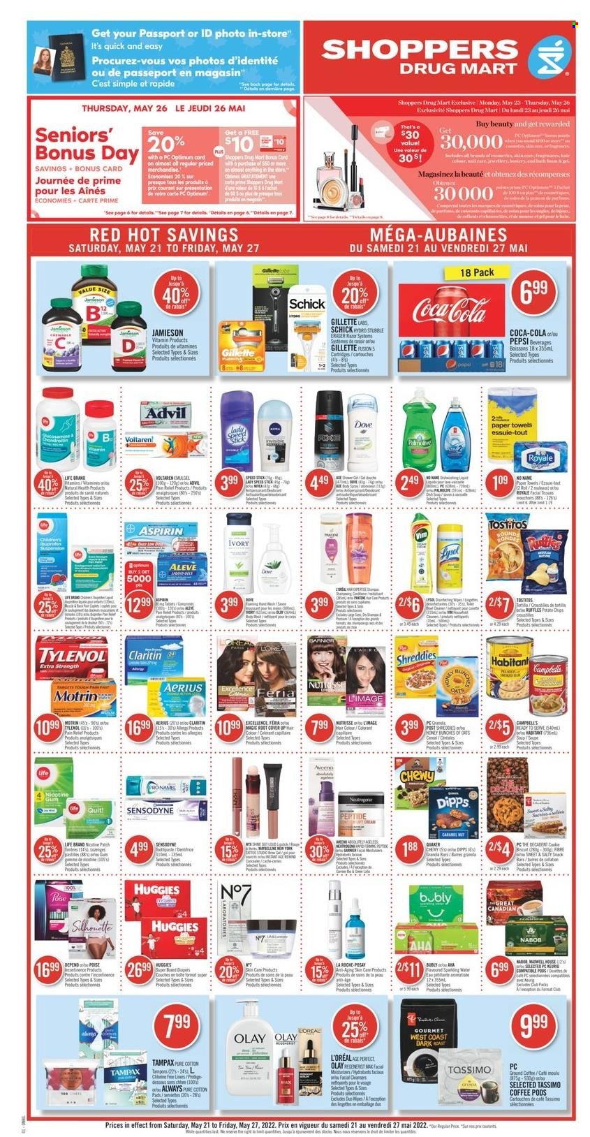 thumbnail - Shoppers Drug Mart Flyer - May 21, 2022 - May 27, 2022 - Sales products - cod, No Name, Campbell's, soup, Quaker, snack, Santa, snack bar, potato chips, chips, Ruffles, granola bar, Coca-Cola, Pepsi, sparkling water, coffee pods, ground coffee, wipes, Aveeno, Nivea, kitchen towels, paper towels, Palmolive, toothpaste, tampons, Gillette, L’Oréal, Olay, hair color, Speed Stick, Axe, razor, Schick, Maybelline, Optimum, pain relief, Aleve, Tylenol, Ibuprofen, Advil Rapid, aspirin, Motrin, Dove, Garnier, Tampax, Huggies, Chloé, Sensodyne. Page 1.