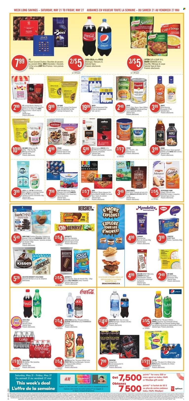 thumbnail - Shoppers Drug Mart Flyer - May 21, 2022 - May 27, 2022 - Sales products - No Name, Campbell's, soup mix, soup, pasta, sauce, Kraft®, ham, Hershey's, cookies, marshmallows, snack, brownies, Celebration, crackers, biscuit, Cadbury, Dairy Milk, Tic Tac, snack bar, chocolate bar, Thins, Goldfish, beans, Honey Maid, salad dressing, vinaigrette dressing, dressing, almonds, Coca-Cola, Sprite, Pepsi, ice tea, Rockstar, Aquafina, Smartwater, green tea, Nespresso, Lavazza, Carbona, Sure, cup, Optimum, Heinz, pralines, Lipton, Knorr, Lindt. Page 7.