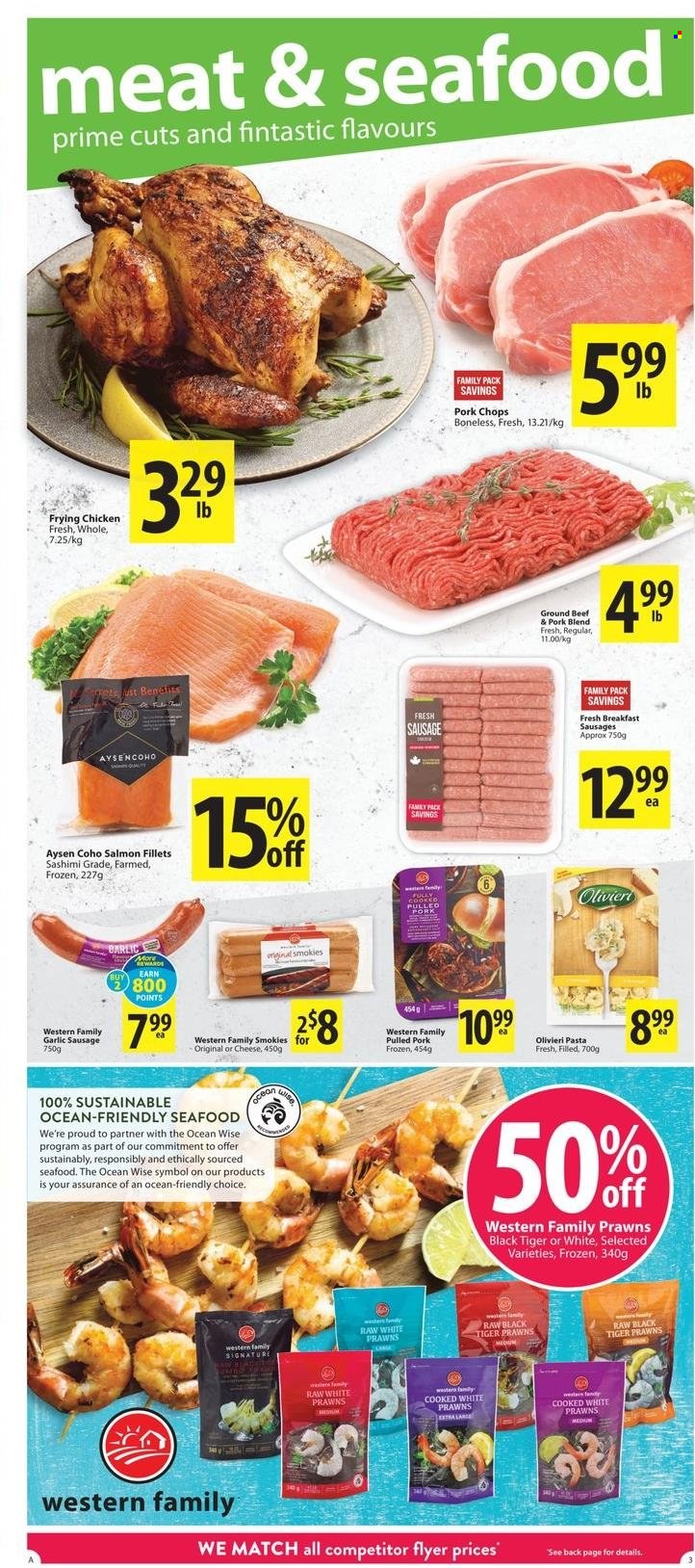 thumbnail - Save-On-Foods Flyer - May 19, 2022 - May 25, 2022 - Sales products - garlic, salmon, salmon fillet, seafood, prawns, pasta, pulled pork, sausage, beef meat, ground beef, pork chops, pork meat. Page 3.