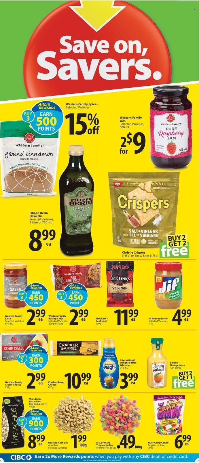 thumbnail - Save-On-Foods Flyer - May 19, 2022 - May 25, 2022 - Sales products - beef jerky, jerky, cream cheese, cheese, crackers, fruit slices, Jack Link's, baking chips, cinnamon, salsa, olive oil, oil, fruit jam, peanut butter, Jif, cashews, pistachios, orange juice, juice, coffee. Page 7.
