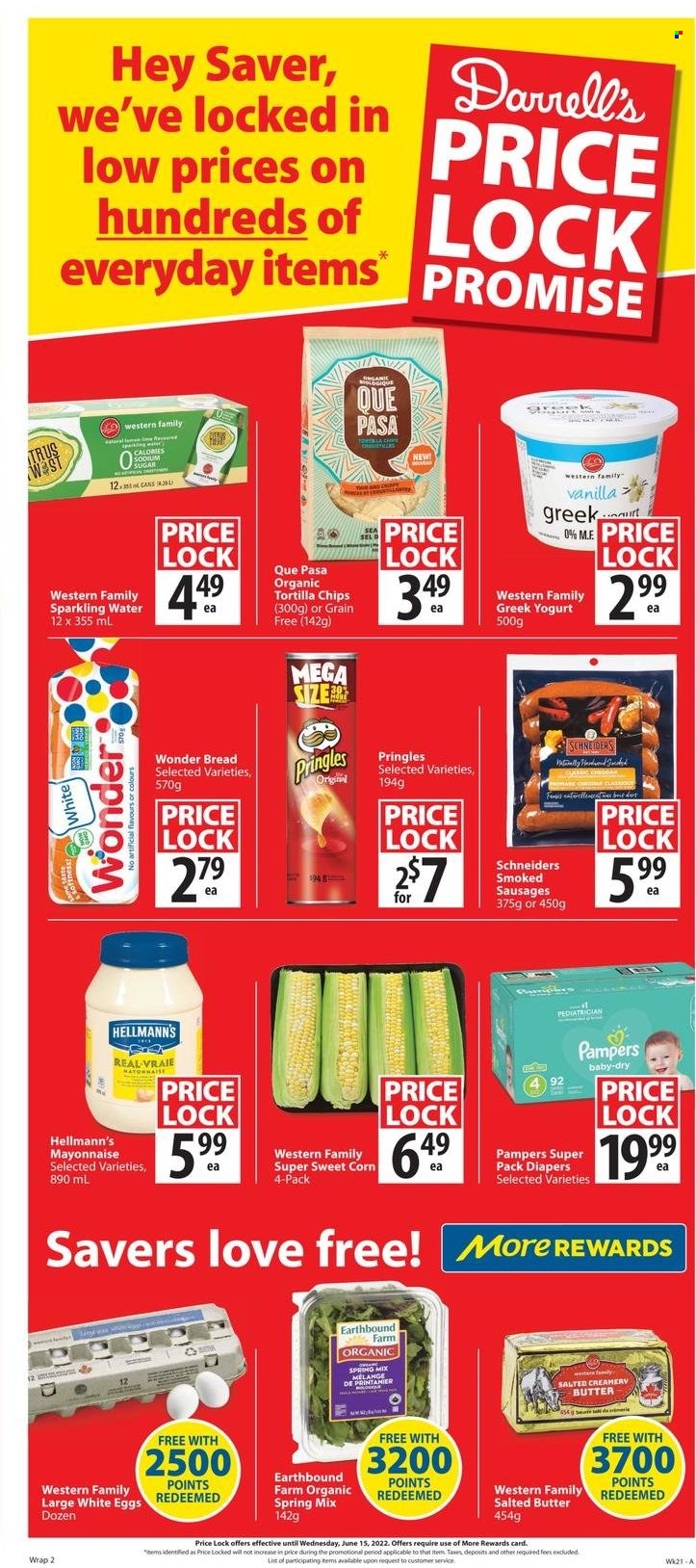 thumbnail - Save-On-Foods Flyer - May 19, 2022 - May 25, 2022 - Sales products - bread, corn, sweet corn, sausage, greek yoghurt, yoghurt, eggs, butter, salted butter, mayonnaise, Hellmann’s, tortilla chips, Pringles, chips, sugar, sparkling water, nappies, Pampers. Page 10.