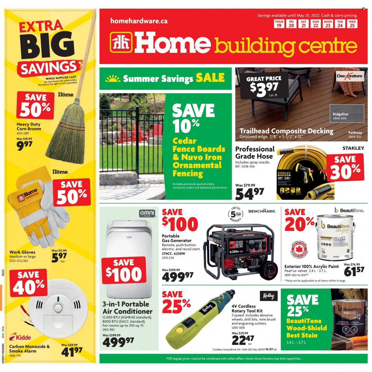 thumbnail - Home Building Centre Flyer - May 19, 2022 - May 25, 2022 - Sales products - air conditioner, portable air conditioner, iron, paint, Stanley, screwdriver, tool set, wire brush, work gloves, gas generator, generator. Page 1.