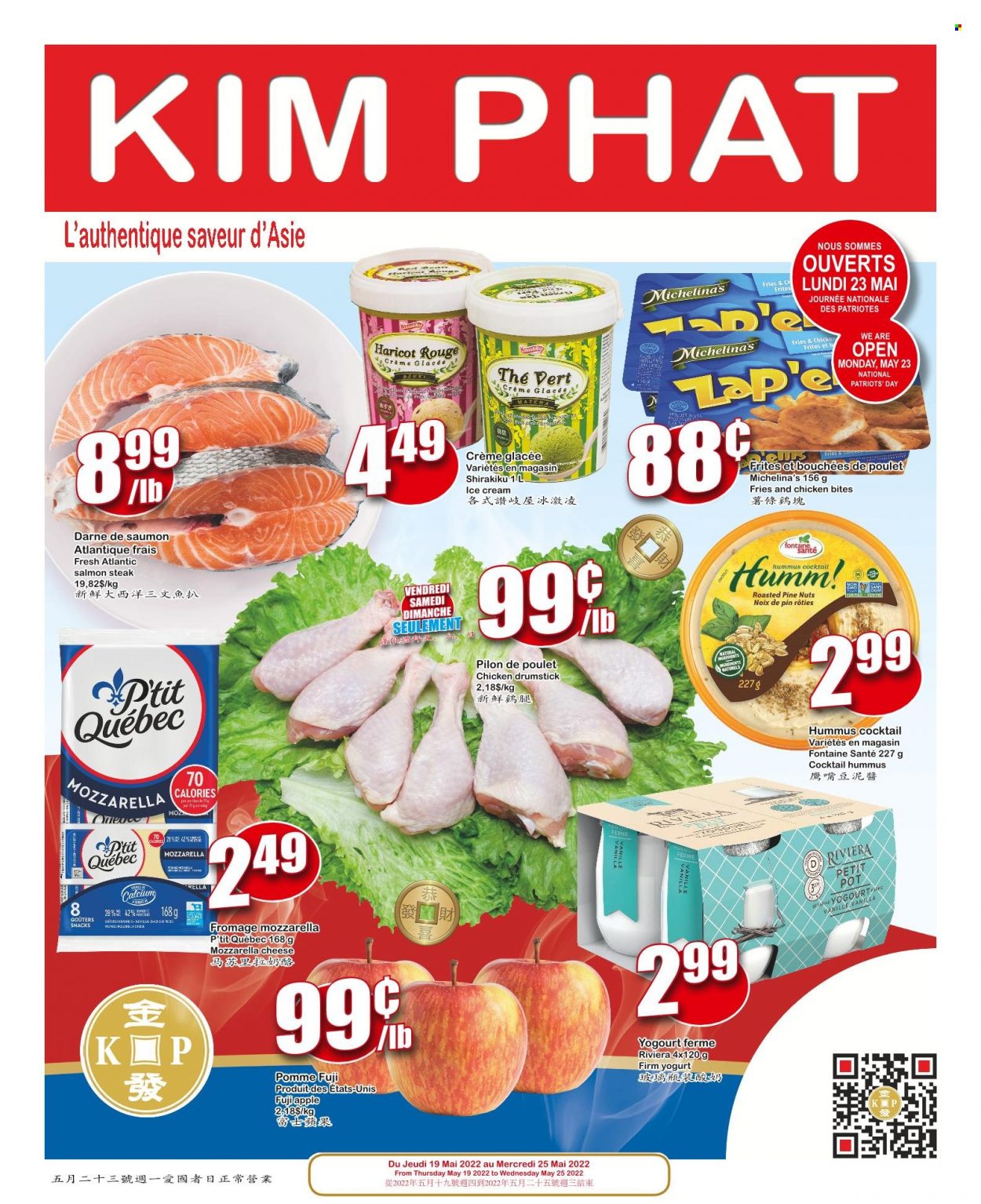 thumbnail - Kim Phat Flyer - May 19, 2022 - May 25, 2022 - Sales products - Fuji apple, salmon, hummus, cheese, yoghurt, ice cream, chicken bites, potato fries, snack, pot, mozzarella, steak. Page 1.