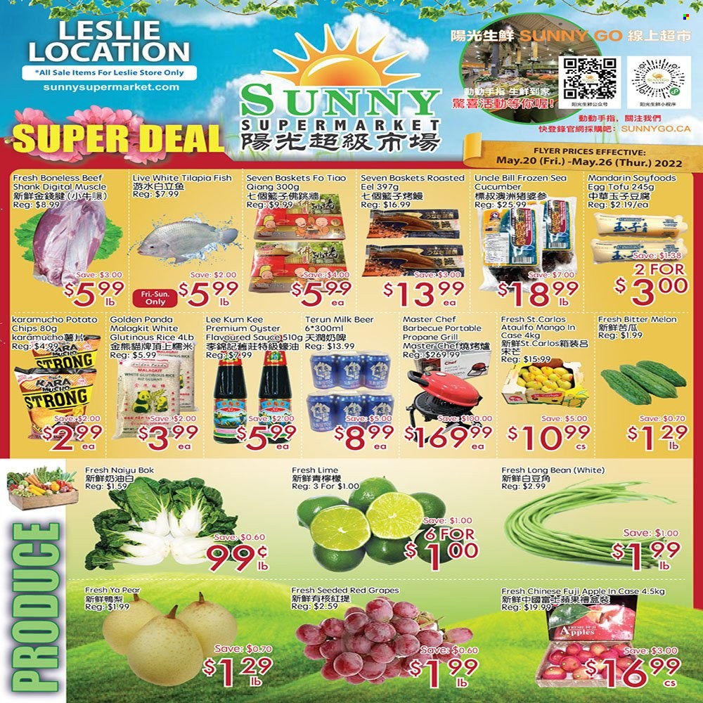 thumbnail - Sunny Foodmart Flyer - May 20, 2022 - May 26, 2022 - Sales products - apples, grapes, mandarines, pears, Fuji apple, melons, eel, tilapia, oysters, fish, tofu, milk, eggs, potato chips, rice, Lee Kum Kee, beer, beef meat, beef shank. Page 1.