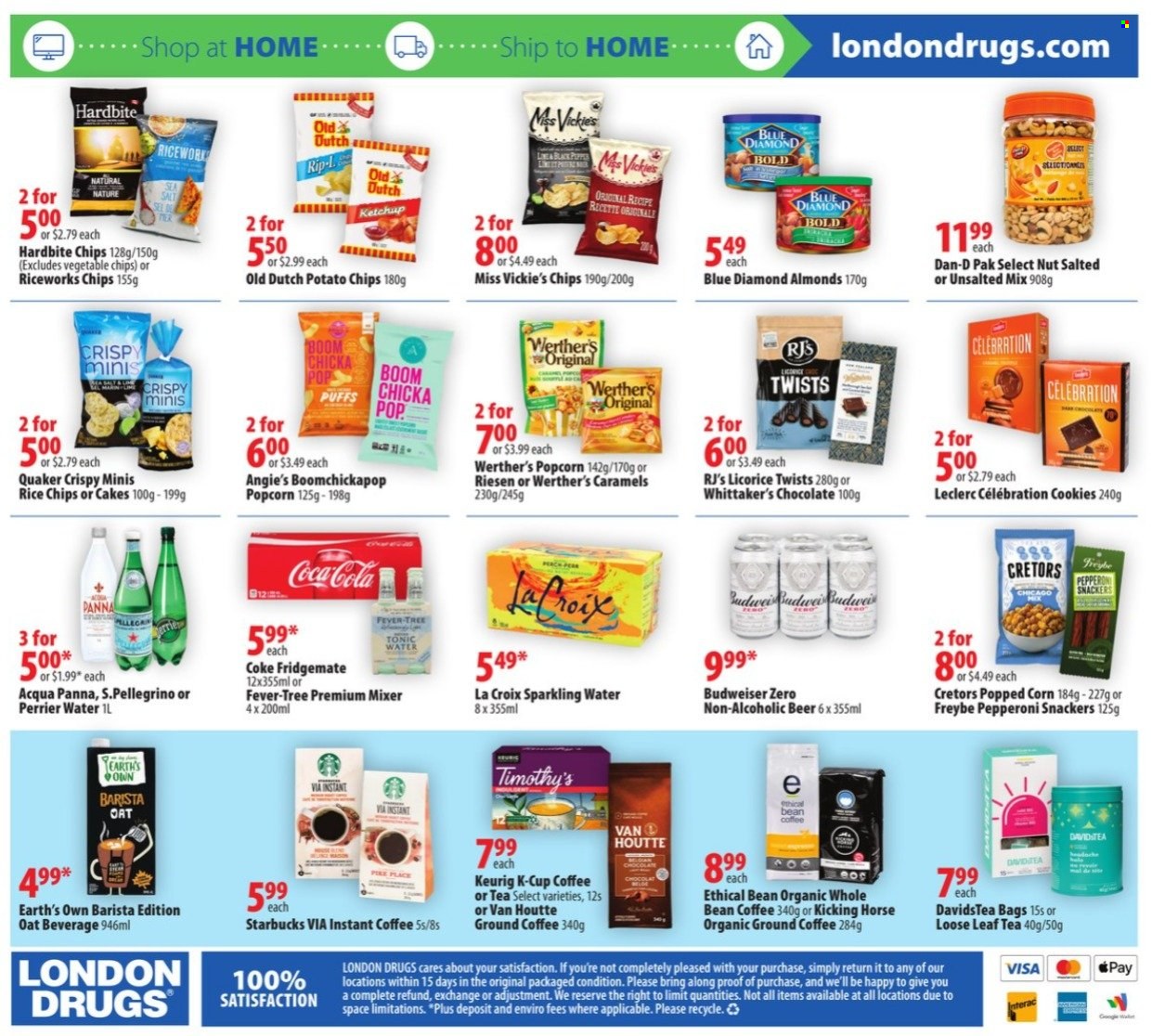 thumbnail - London Drugs Flyer - May 19, 2022 - May 25, 2022 - Sales products - cookies, chocolate, cake, Celebration, Whittaker's, potato chips, chips, popcorn, vegetable chips, oats, corn, puffs, Quaker, Dan-D Pak, almonds, Blue Diamond, Coca-Cola, tonic, Perrier, sparkling water, San Pellegrino, tea, instant coffee, ground coffee, coffee capsules, Starbucks, K-Cups, Keurig, beer, Voom, bag, mixer, Budweiser, ketchup. Page 16.