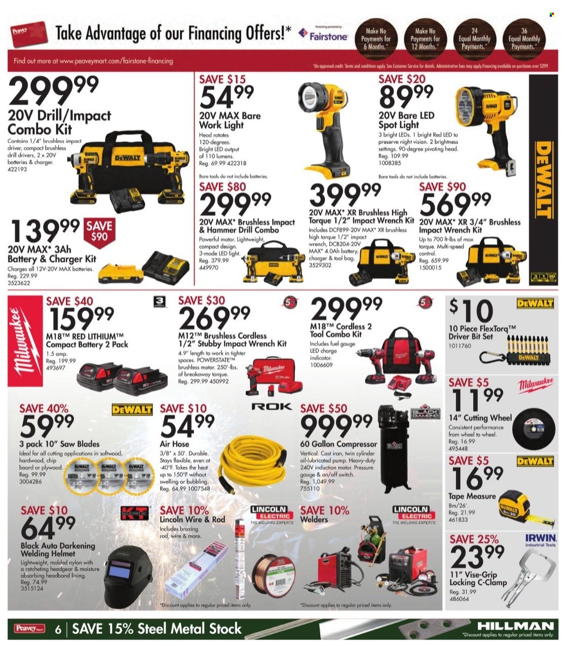 thumbnail - Peavey Mart Flyer - May 19, 2022 - May 26, 2022 - Sales products - bag, spotlight, DeWALT, LED light, drill, impact driver, combo kit, air compressor, measuring tape, welding helmet, air hose, pump. Page 6.