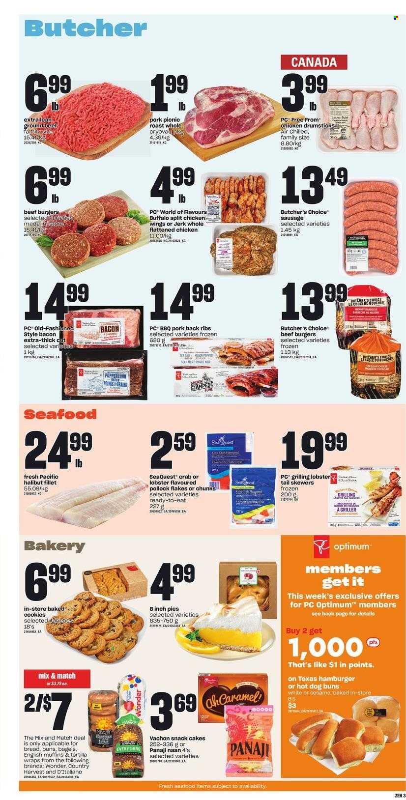thumbnail - Zehrs Flyer - May 19, 2022 - May 25, 2022 - Sales products - bagels, english muffins, tortillas, cake, buns, wraps, lobster, halibut, pollock, seafood, crab, beef burger, bacon, sausage, Country Harvest, chicken wings, cookies, snack, chicken drumsticks, chicken, beef meat, ground beef, pork meat, pork ribs, pork back ribs, Optimum, Lack. Page 4.