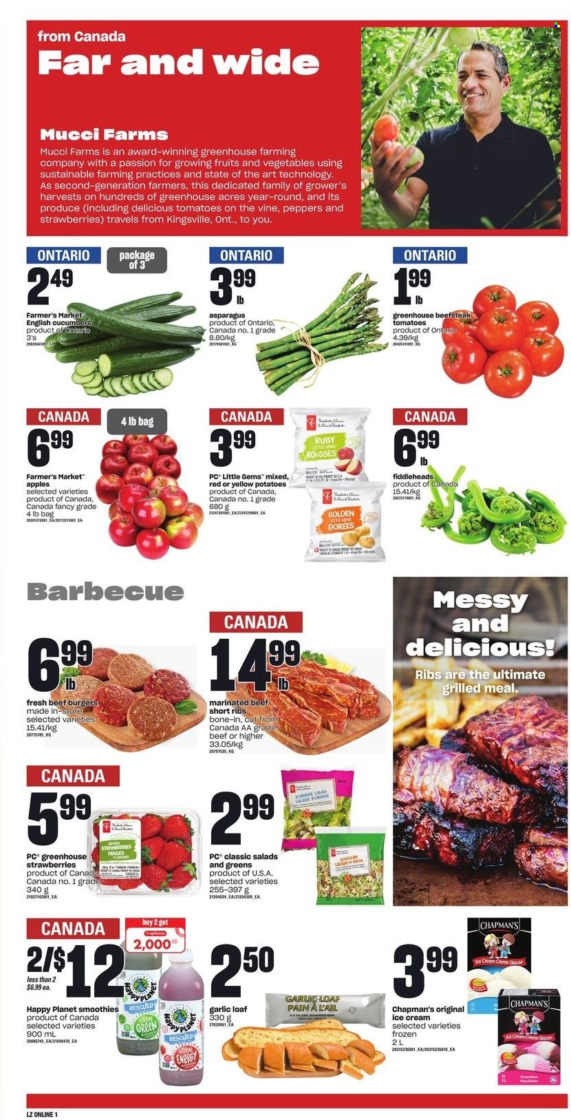 thumbnail - Zehrs Flyer - May 19, 2022 - May 25, 2022 - Sales products - asparagus, cucumber, garlic, tomatoes, potatoes, salad, apples, strawberries, hamburger, beef burger, ice cream, smoothie, beef ribs, marinated beef, greenhouse. Page 5.