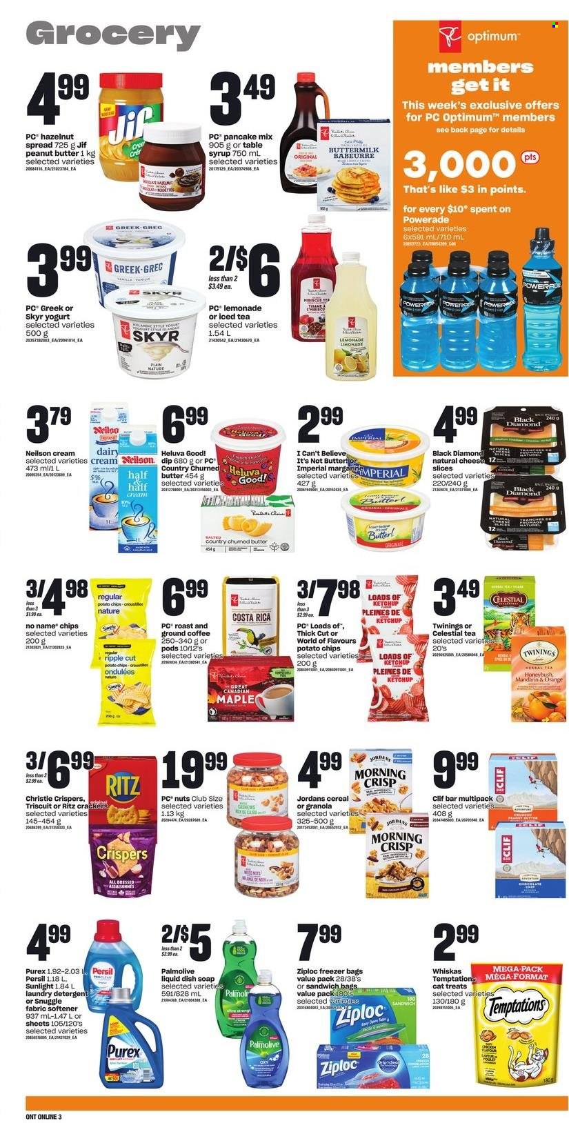 thumbnail - Zehrs Flyer - May 19, 2022 - May 25, 2022 - Sales products - mandarines, No Name, pancakes, cheese, yoghurt, buttermilk, dip, chocolate, crackers, RITZ, potato chips, chips, cereals, peanut butter, syrup, hazelnut spread, Jif, lemonade, Powerade, ice tea, Twinings, coffee, ground coffee, Snuggle, Persil, fabric softener, laundry detergent, Sunlight, Purex, Palmolive, soap, bag, Ziploc, freezer bag, Optimum, table, detergent, granola, ketchup, Whiskas. Page 7.