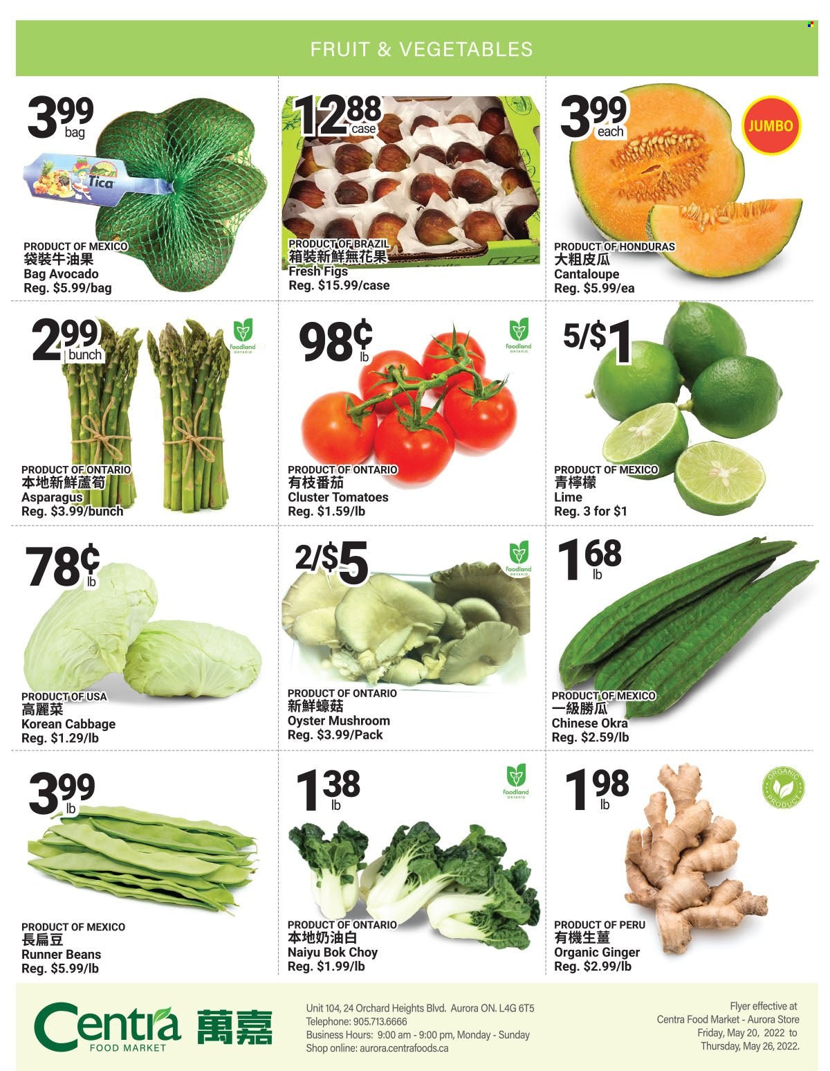 thumbnail - Centra Food Market Flyer - May 20, 2022 - May 26, 2022 - Sales products - oyster mushrooms, mushrooms, asparagus, beans, bok choy, cabbage, cantaloupe, ginger, tomatoes, okra, avocado, figs, oysters. Page 2.