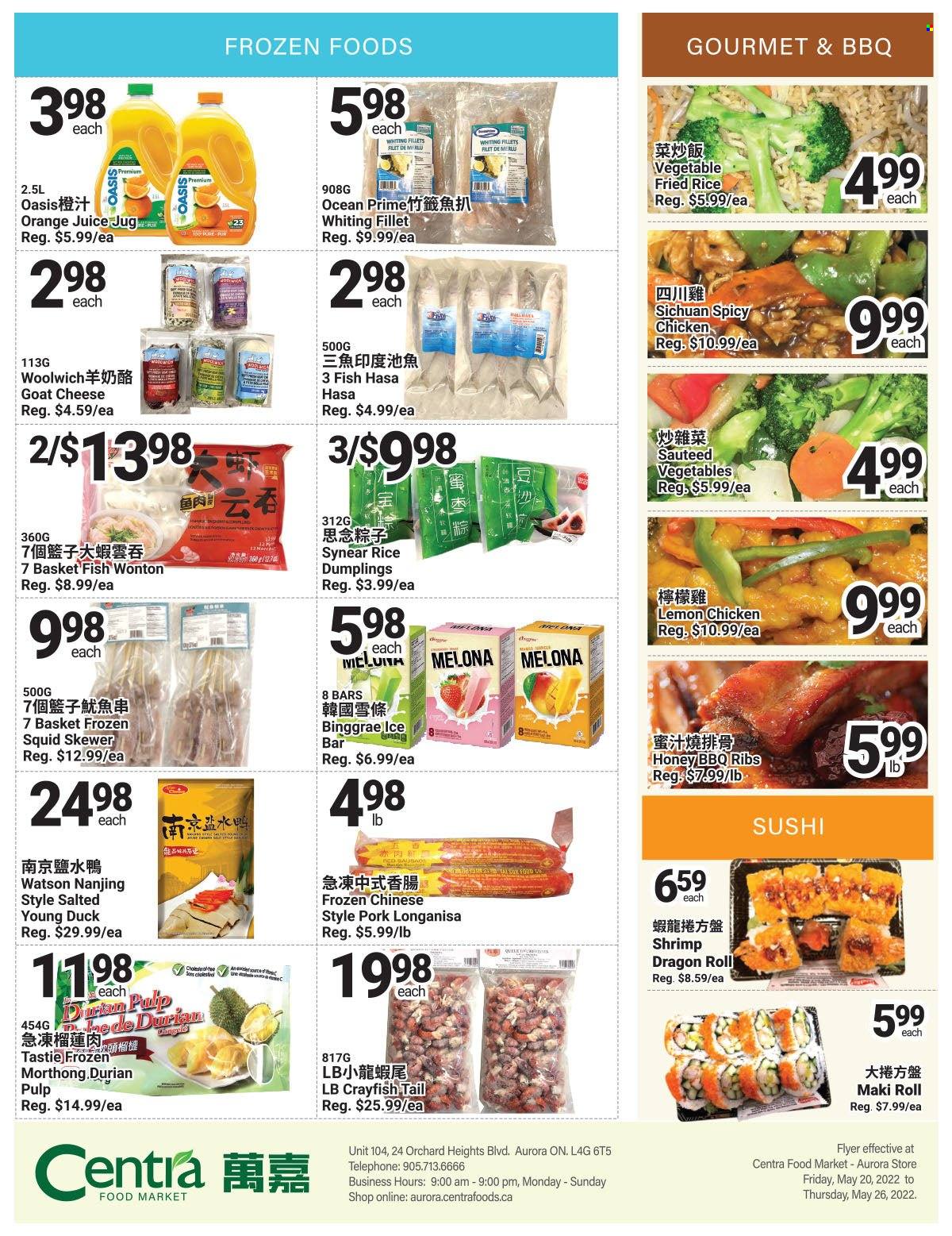 thumbnail - Centra Food Market Flyer - May 20, 2022 - May 26, 2022 - Sales products - squid, fish, shrimps, whiting fillets, whiting, dumplings, goat cheese, cheese, honey, orange juice, basket, pan. Page 3.