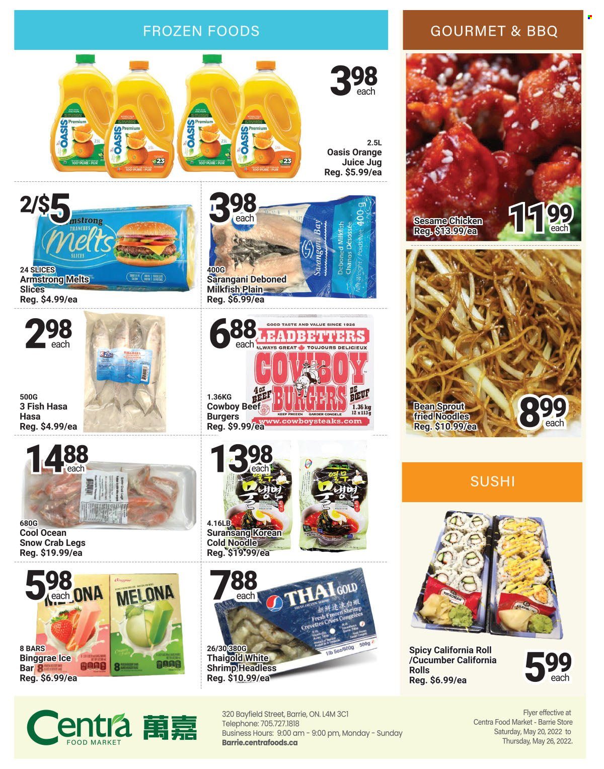 thumbnail - Centra Food Market Flyer - May 20, 2022 - May 26, 2022 - Sales products - crab legs, crab, fish, shrimps, milkfish, hamburger, noodles, beef burger, orange juice. Page 3.