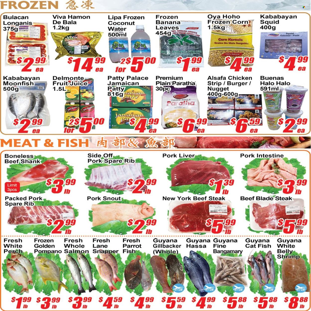 thumbnail - Jian Hing Supermarket Flyer - May 20, 2022 - May 26, 2022 - Sales products - corn, salmon, squid, perch, pompano, fish, shrimps, hamburger, juice, fruit juice, coconut water, beef meat, beef shank, beef steak, pork liver, pork meat, steak. Page 2.