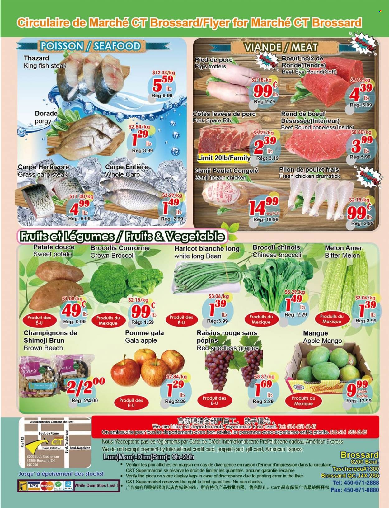 thumbnail - Marché C&T Flyer - May 19, 2022 - May 25, 2022 - Sales products - broccoli, sweet potato, Gala, grapes, mango, seedless grapes, melons, seafood, fish, king fish, carp, fish steak, dried fruit, tea, chicken, beef meat, eye of round, raisins, chinese broccoli, steak. Page 4.