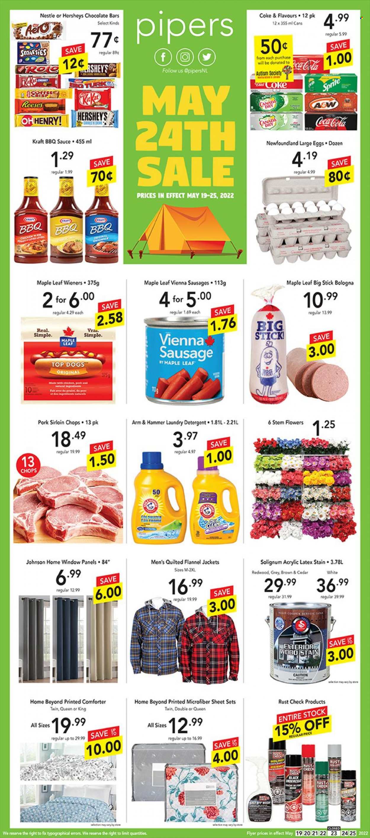 thumbnail - Pipers Flyer - May 19, 2022 - May 25, 2022 - Sales products - cod, Kraft®, bologna sausage, sausage, vienna sausage, large eggs, Reese's, Hershey's, chocolate bar, ARM & HAMMER, BBQ sauce, Canada Dry, Coca-Cola, Sprite, A&W, pork loin, Johnson's, laundry detergent, comforter, jacket, detergent, Nestlé, Smarties. Page 1.