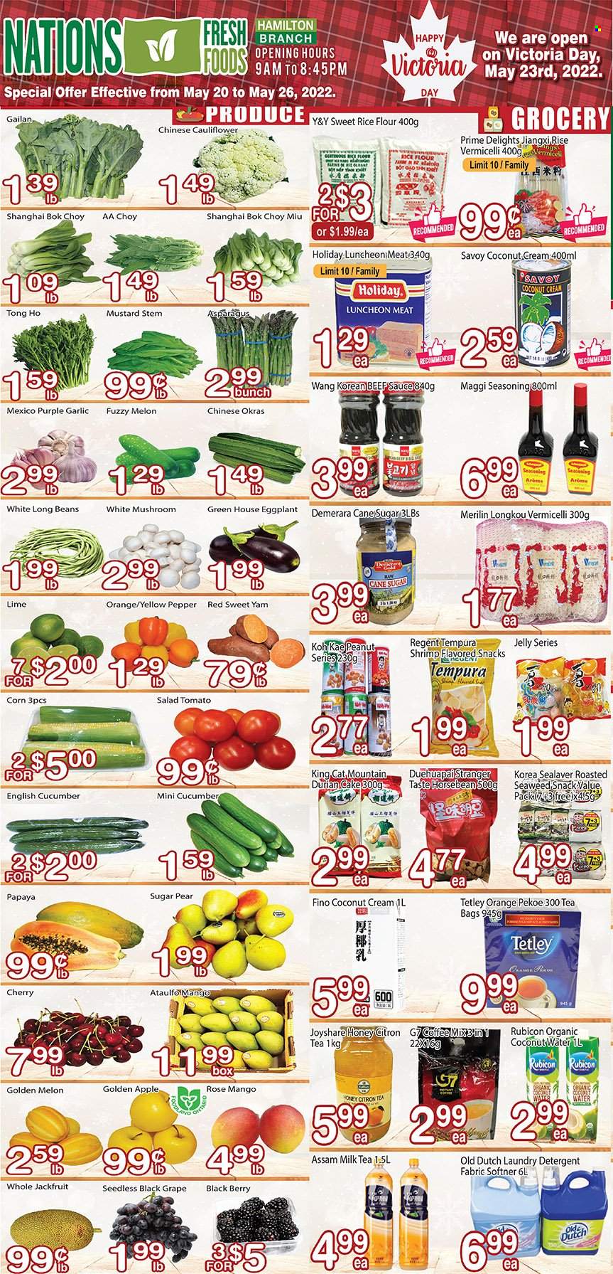 thumbnail - Nations Fresh Foods Flyer - May 20, 2022 - May 26, 2022 - Sales products - cake, bok choy, cauliflower, corn, cucumber, garlic, snack, salad, eggplant, papaya, melons, shrimps, sauce, breaded shrimps, lunch meat, jelly, milk tea, coconut cream, cane sugar, demerara sugar, flour, rice flour, sugar, seaweed, rice vermicelli, pepper, spice, mustard, honey, tea bags, coffee, detergent, laundry detergent, Maggi. Page 1.