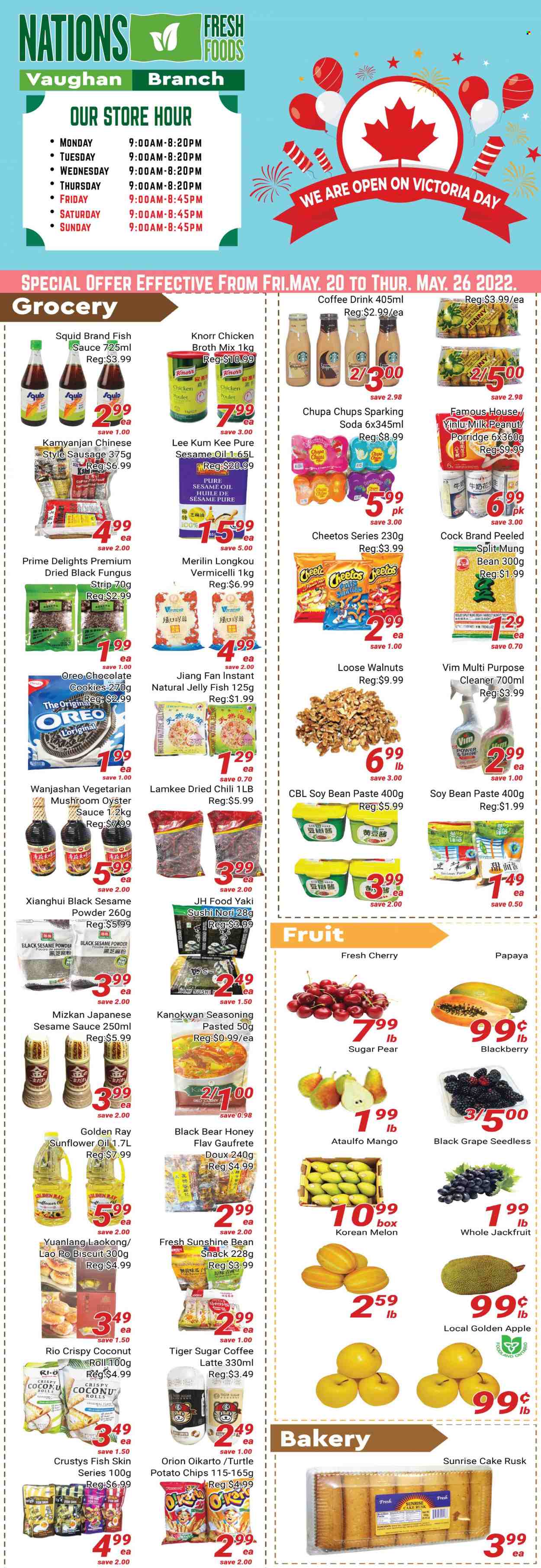 thumbnail - Nations Fresh Foods Flyer - May 20, 2022 - May 26, 2022 - Sales products - rusks, papaya, melons, squid, oysters, sushi, sauce, red curry, sausage, Oreo, jelly, milk, coffee drink, Sunshine, cookies, chocolate, chocolate cookies, lollipop, biscuit, Chupa Chups, potato chips, Cheetos, salty snack, sugar, chicken broth, broth, soy bean paste, porridge, spice, fish sauce, Lee Kum Kee, sesame oil, sunflower oil, honey, walnuts, soda, all purpose cleaner, pears, Knorr. Page 1.