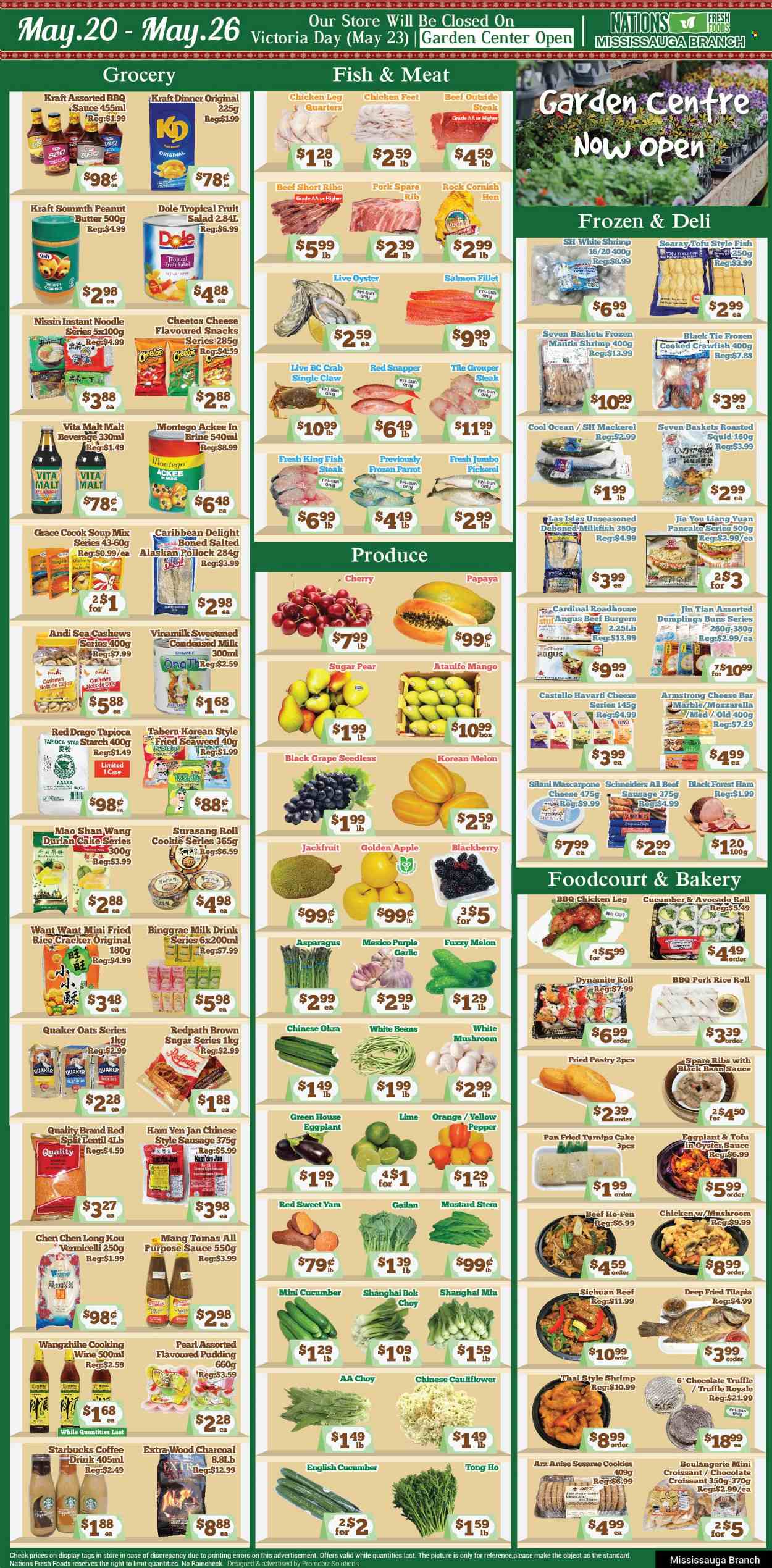 thumbnail - Nations Fresh Foods Flyer - May 20, 2022 - May 26, 2022 - Sales products - croissant, buns, asparagus, bok choy, cauliflower, turnips, okra, soup mix, snack, salad, Dole, eggplant, papaya, melons, fish fillets, grouper, mackerel, red snapper, salmon fillet, squid, tilapia, pollock, oysters, crab, fish, king fish, shrimps, fish steak, milkfish, walleye, soup, sauce, dumplings, Quaker, Kraft®, Nissin, ready meal, ham, mascarpone, mozzarella, Havarti, tofu, pudding, flavoured milk, condensed milk, crawfish, cookies, truffles, crackers, bars, Cheetos, rice crackers, salty snack, cane sugar, starch, sugar, oats, seaweed, fruit salad, BBQ sauce, mustard, oyster sauce, peanut butter, cashews, malt beverage, coffee, Starbucks, cooking wine, wine, alcohol, cornish hen, chicken legs, chicken paws, chicken, beef ribs, steak, pork spare ribs, pears. Page 1.
