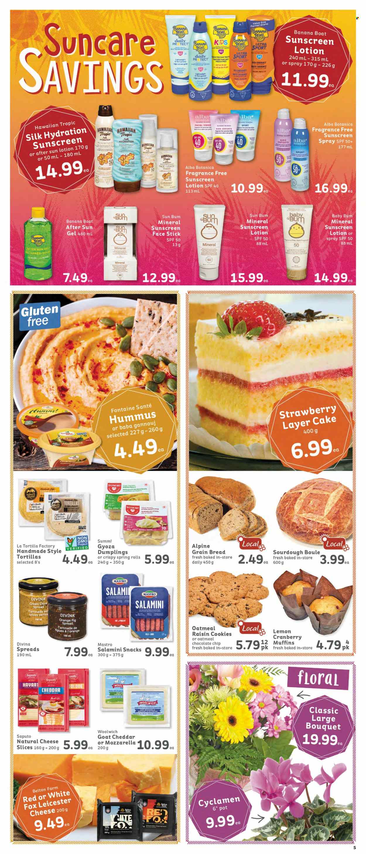 thumbnail - IGA Simple Goodness Flyer - May 20, 2022 - May 26, 2022 - Sales products - bread, tortillas, corn, dumplings, spring rolls, hummus, Havarti, cheddar, cheese, Provolone, goat milk, Silk, cookies, snack, oatmeal, mozzarella, olives, oranges. Page 5.