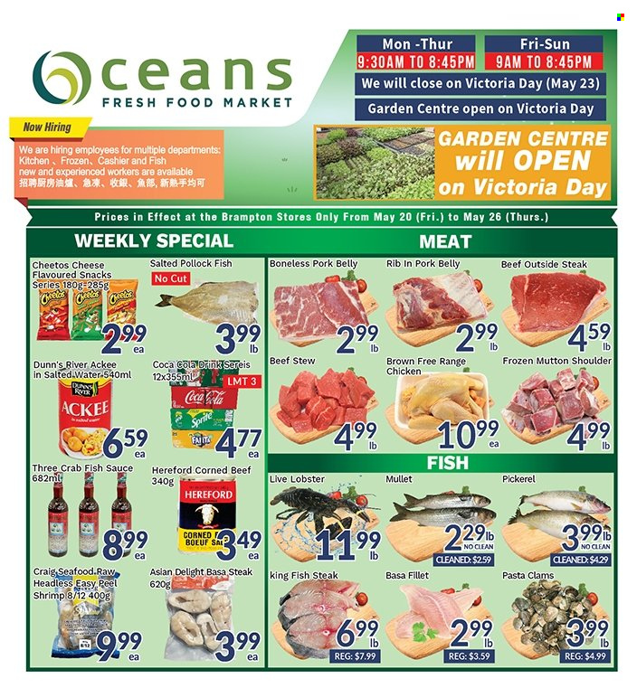 thumbnail - Oceans Flyer - May 20, 2022 - May 26, 2022 - Sales products - snack, clams, fish fillets, lobster, pollock, crab, king fish, shrimps, fish steak, mullet, walleye, pasta, sauce, ready meal, corned beef, Cheetos, salty snack, fish sauce, Coca-Cola, Sprite, soft drink, carbonated soft drink, chicken, steak, pork belly, pork meat, mutton meat. Page 1.