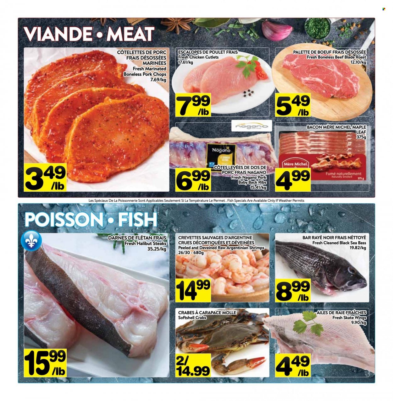 thumbnail - PA Supermarché Flyer - May 23, 2022 - May 29, 2022 - Sales products - sea bass, halibut, crab, fish, shrimps, bacon, chicken breasts, chicken cutlets, chicken, pork chops, pork meat, pork ribs, pork back ribs, steak. Page 2.