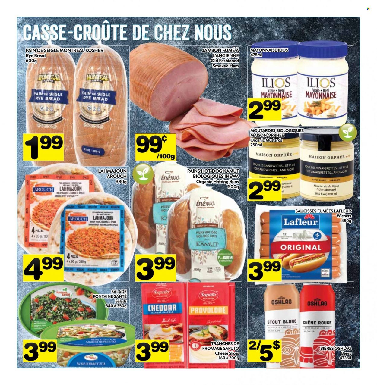 thumbnail - PA Supermarché Flyer - May 23, 2022 - May 29, 2022 - Sales products - bread, hot dog rolls, buns, salad, pizza, sandwich, ham, smoked ham, sliced cheese, cheddar, cheese, Provolone, mayonnaise, penne, turmeric, mustard, beer, beef meat, ground beef. Page 5.