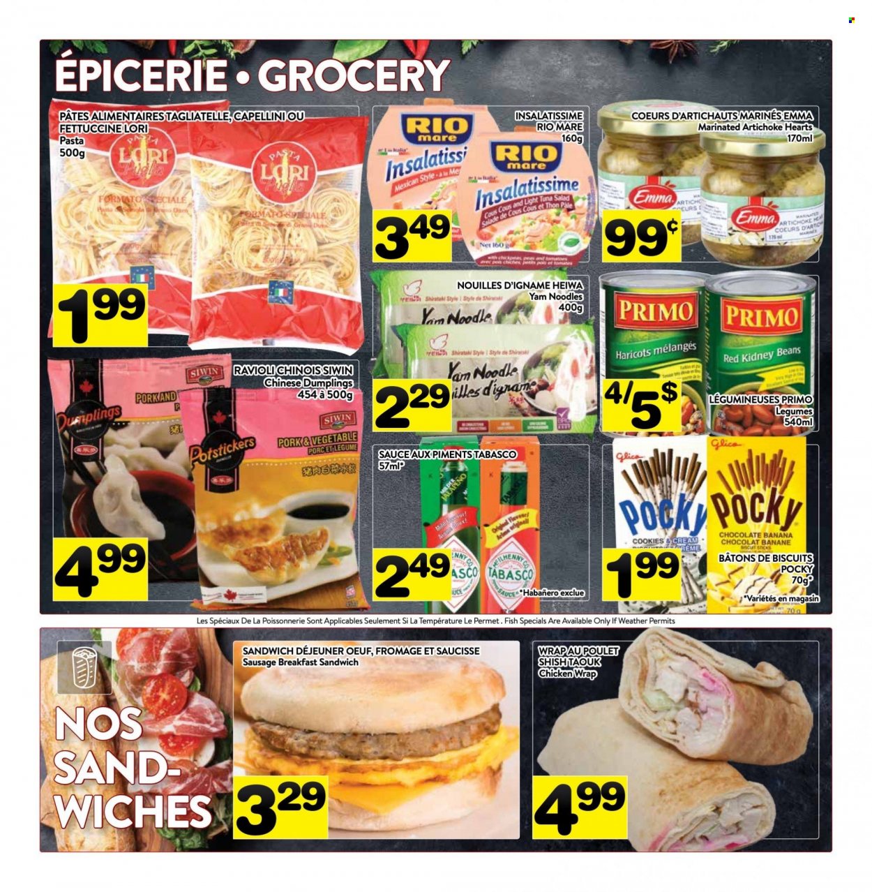 thumbnail - PA Supermarché Flyer - May 23, 2022 - May 29, 2022 - Sales products - artichoke, beans, salad, tuna, fish, ravioli, pasta, sauce, dumplings, chicken wrap, noodles, sausage, tuna salad, cookies, biscuit, tabasco, kidney beans, light tuna, chickpeas, Fanta. Page 7.