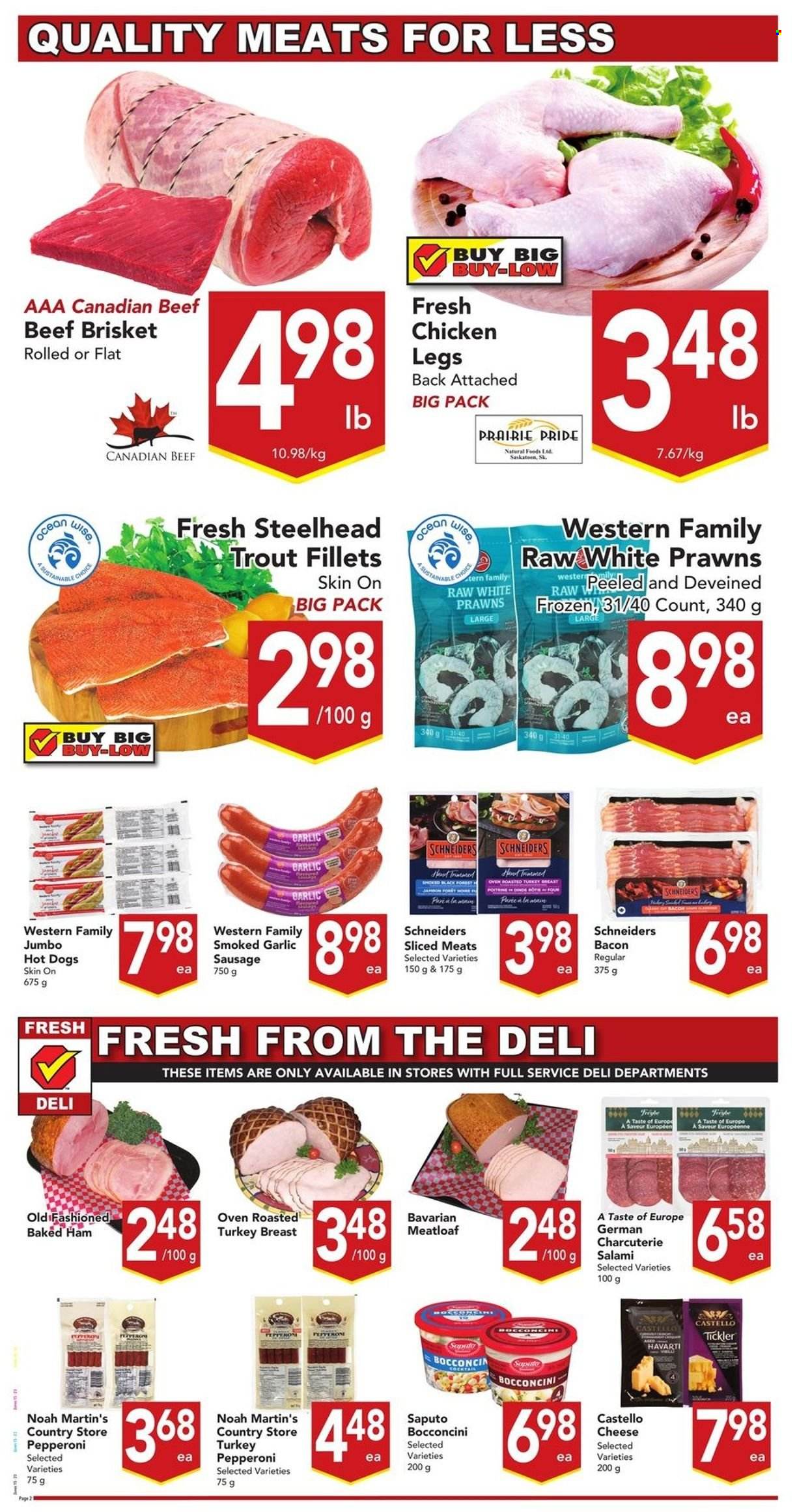 thumbnail - Buy-Low Foods Flyer - May 22, 2022 - May 28, 2022 - Sales products - garlic, trout, prawns, hot dog, meatloaf, bacon, salami, ham, sausage, pepperoni, bocconcini, Havarti, cheese, chicken legs, chicken, turkey, beef meat, beef brisket. Page 2.